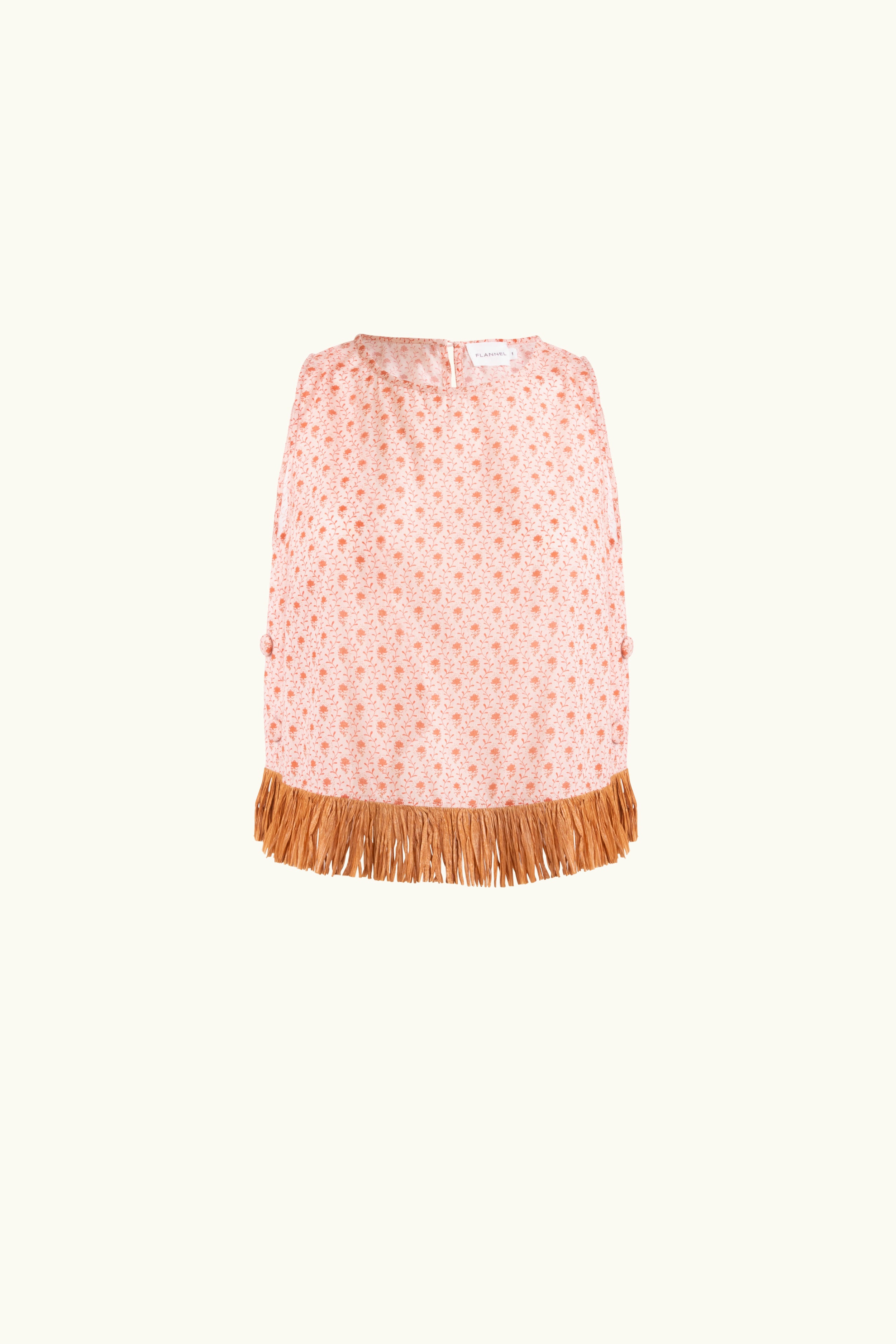 Gerri Printed Cotton Sleeveless Top with Raffia Trim