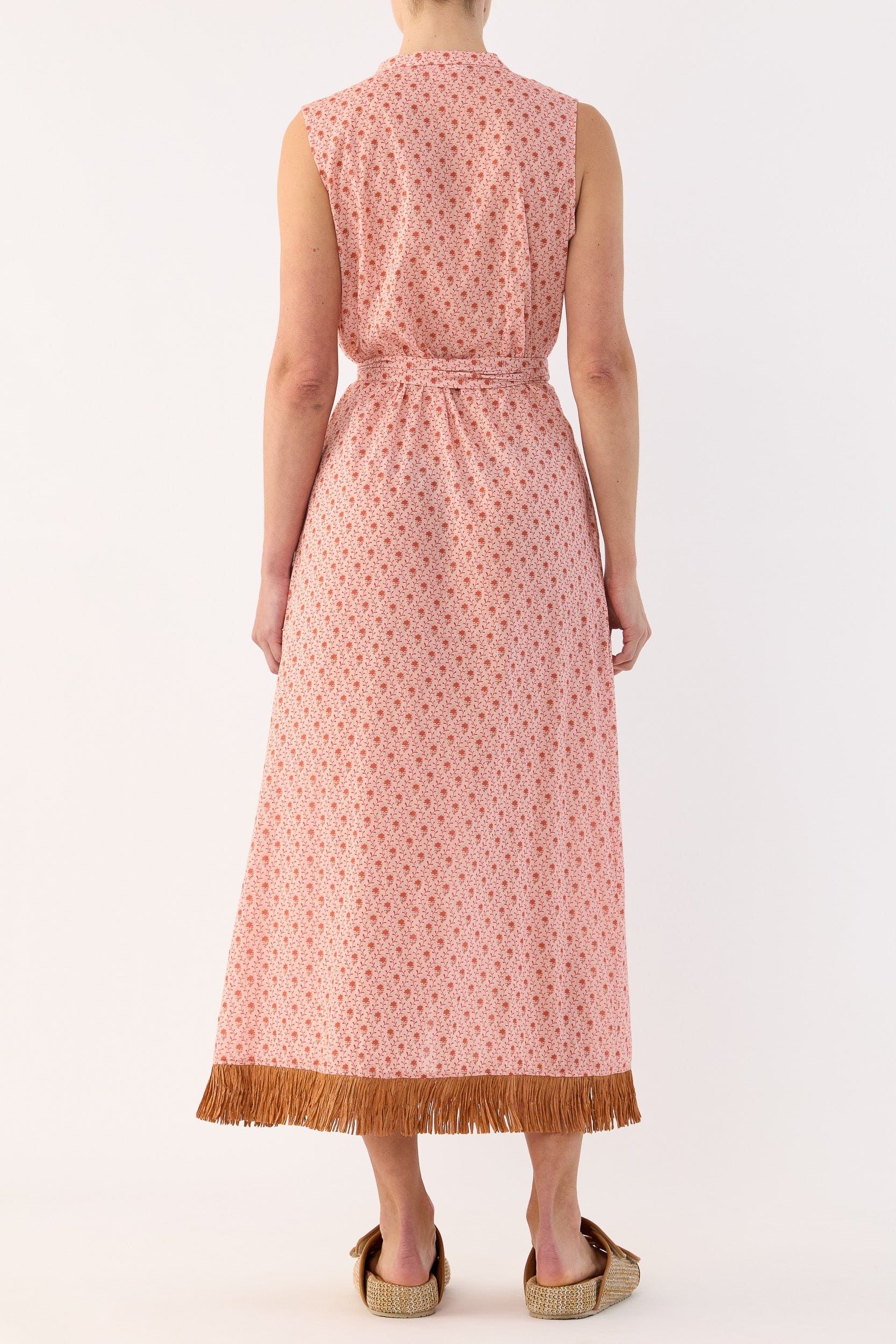 Gerri Printed Cotton Sleeveless Dress with Raffia Trim