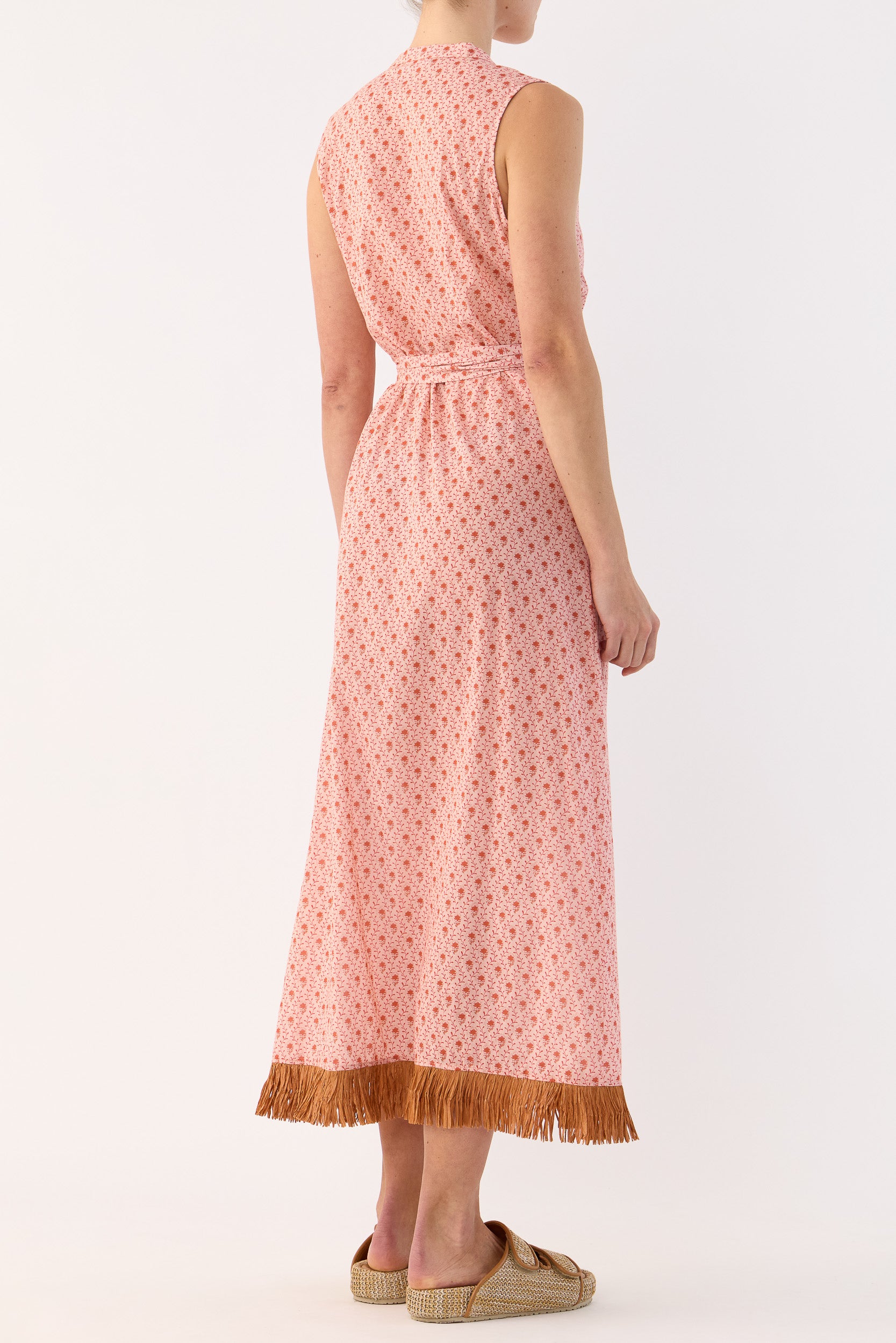 Gerri Printed Cotton Sleeveless Dress with Raffia Trim