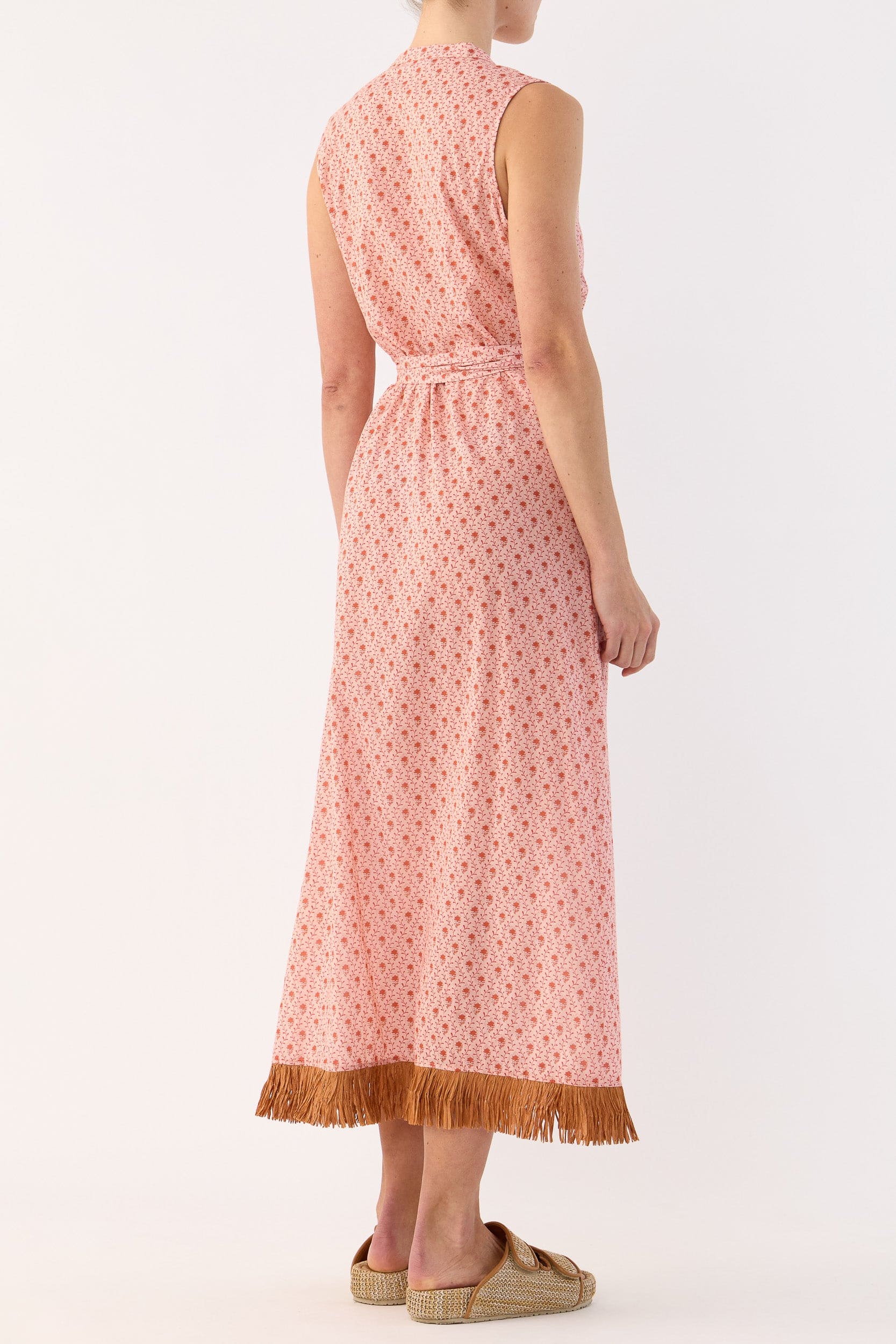 Gerri Printed Cotton Sleeveless Dress with Raffia Trim
