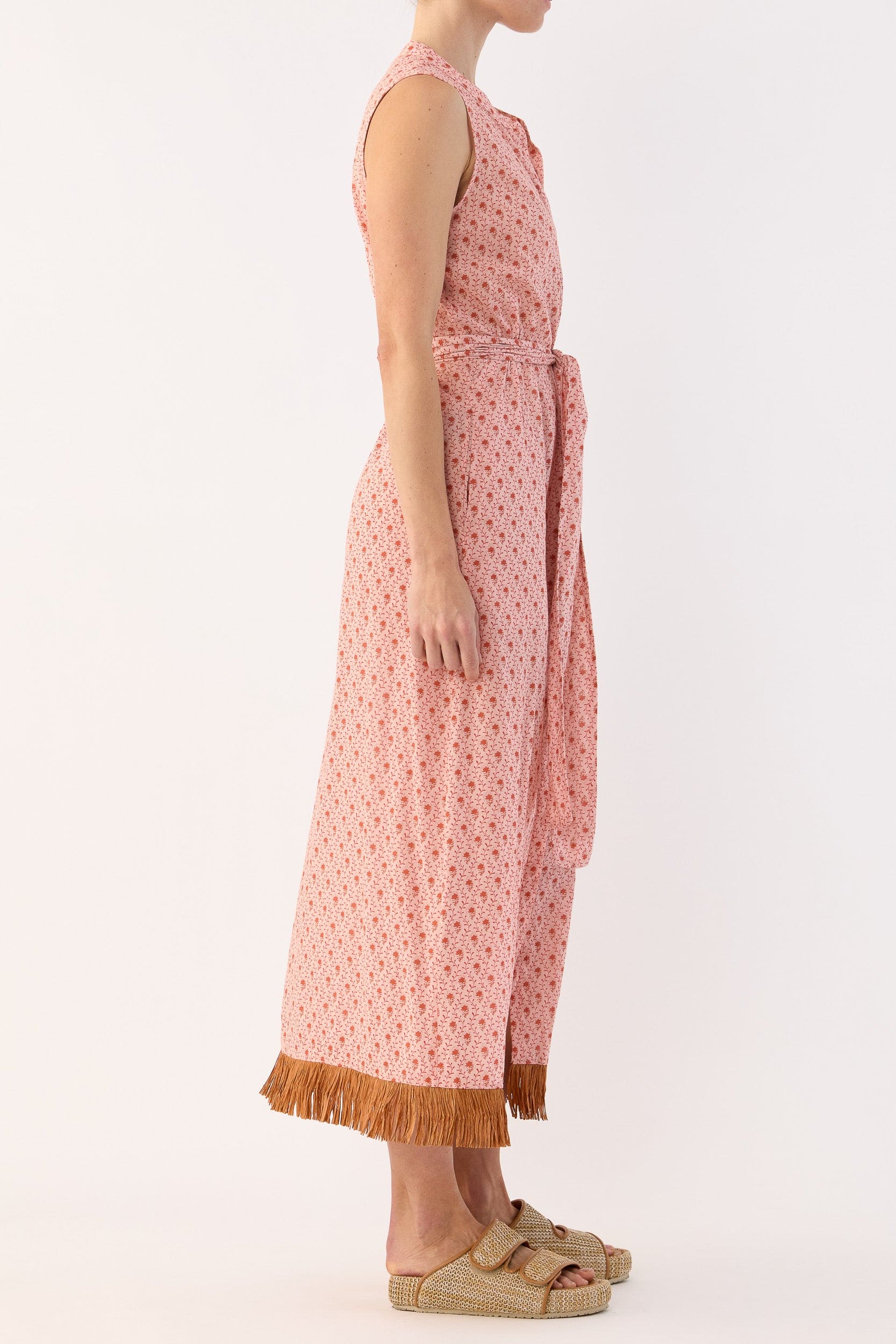 Gerri Printed Cotton Sleeveless Dress with Raffia Trim