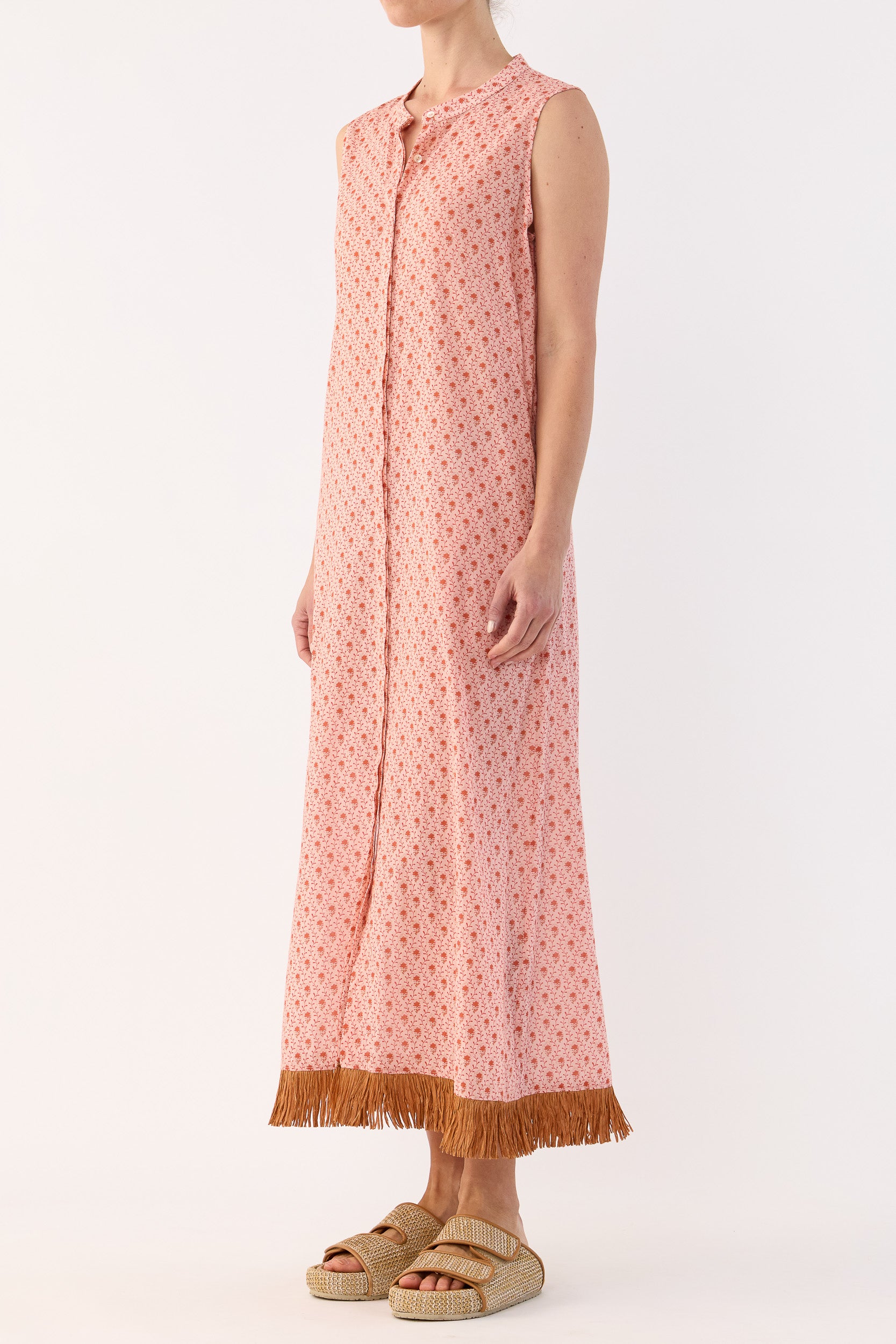 Gerri Printed Cotton Sleeveless Dress with Raffia Trim