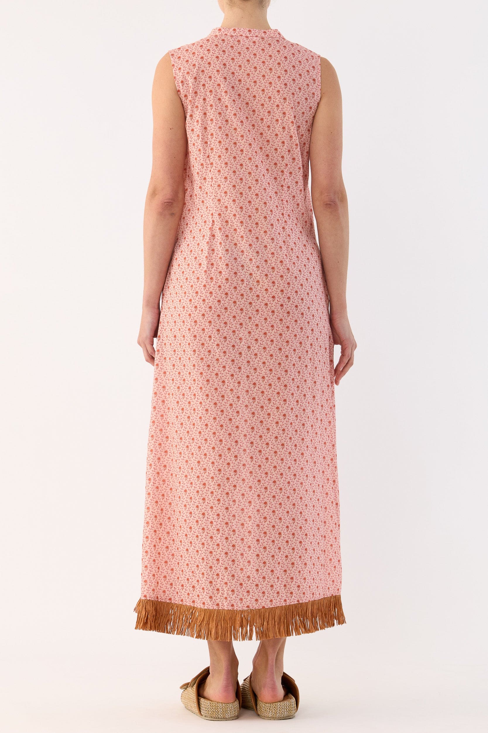 Gerri Printed Cotton Sleeveless Dress with Raffia Trim