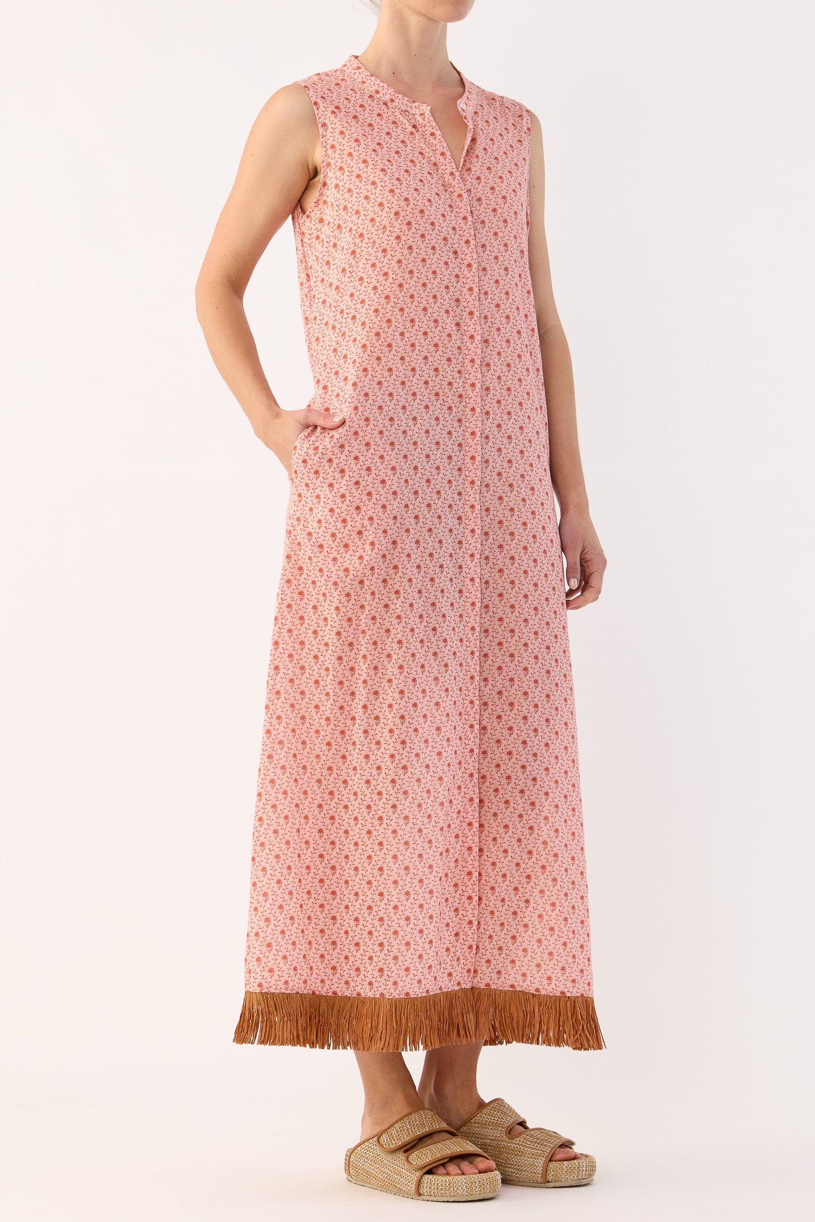 Gerri Printed Cotton Sleeveless Dress with Raffia Trim