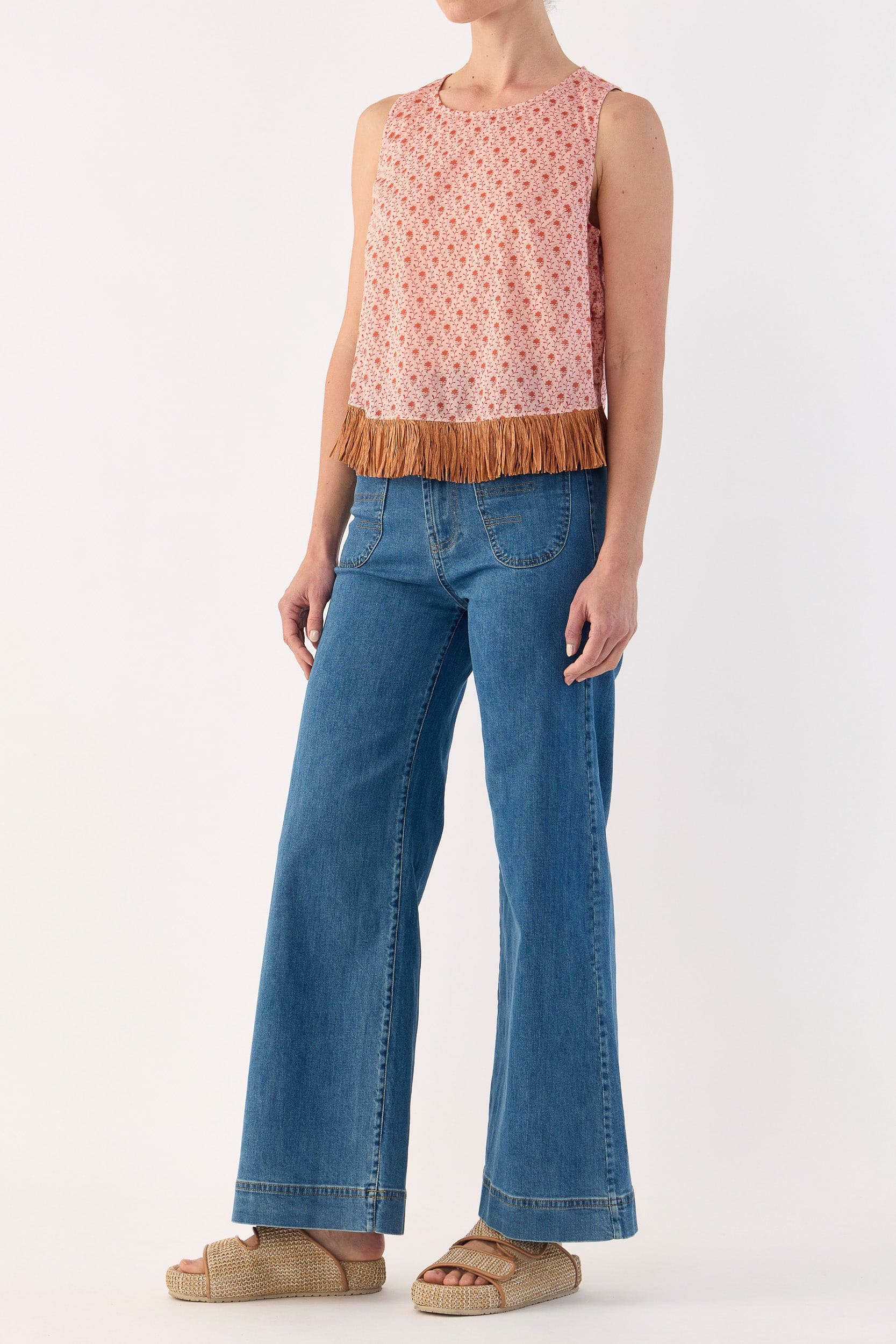 Gerri Printed Cotton Sleeveless Top with Raffia Trim