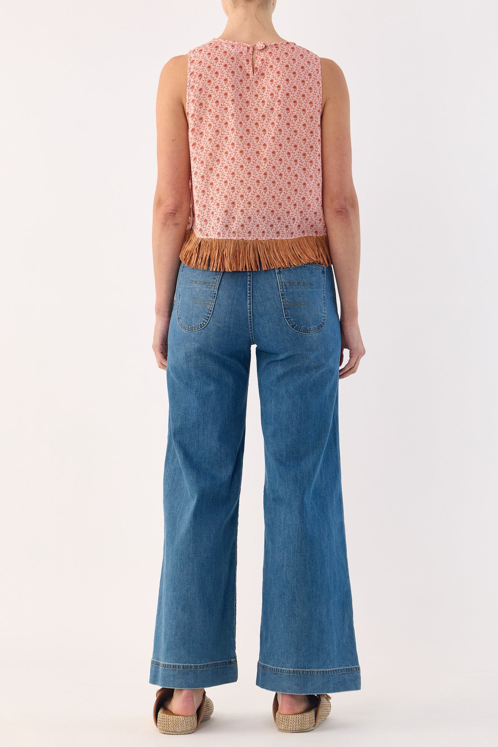 Gerri Printed Cotton Sleeveless Top with Raffia Trim