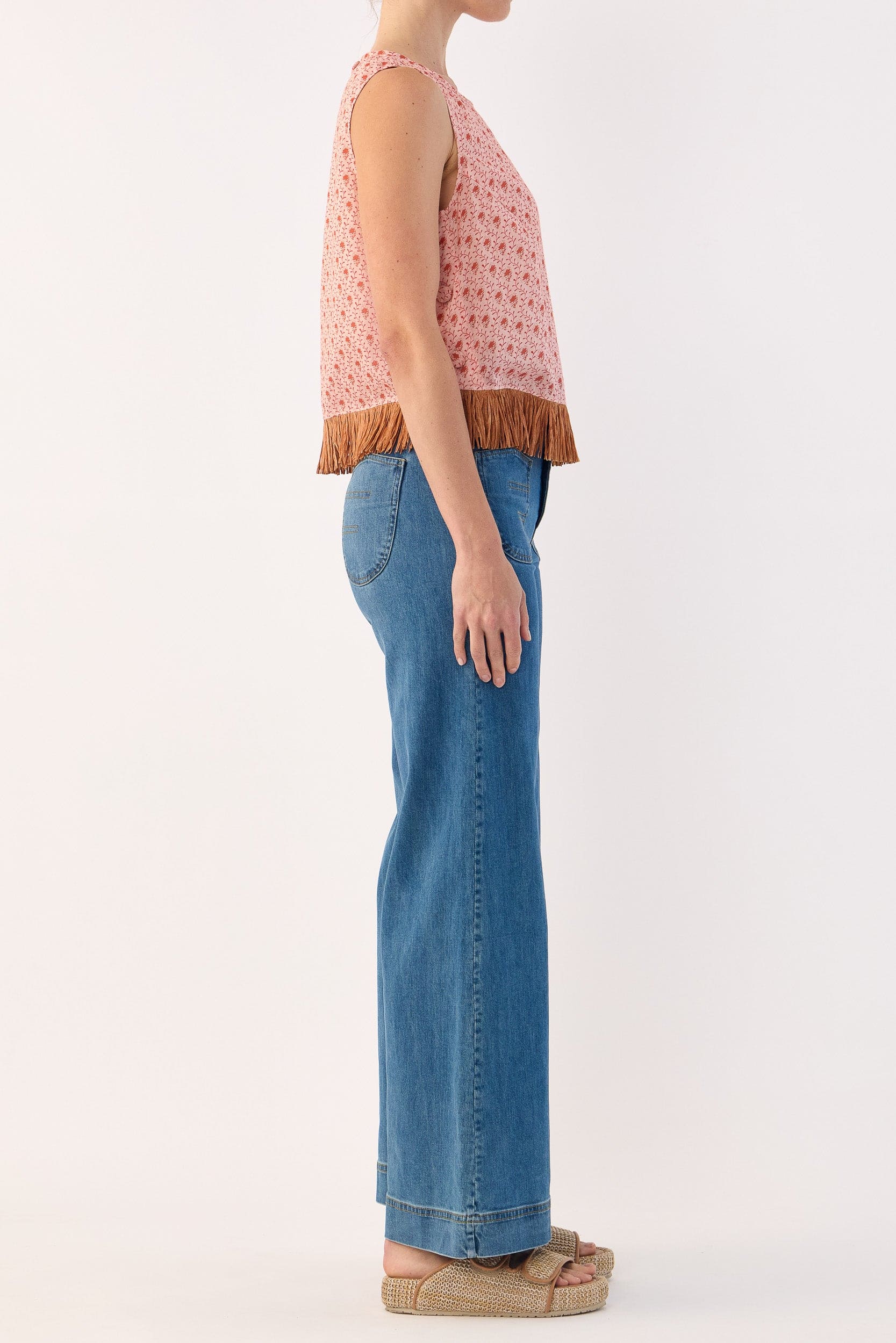 Gerri Printed Cotton Sleeveless Top with Raffia Trim