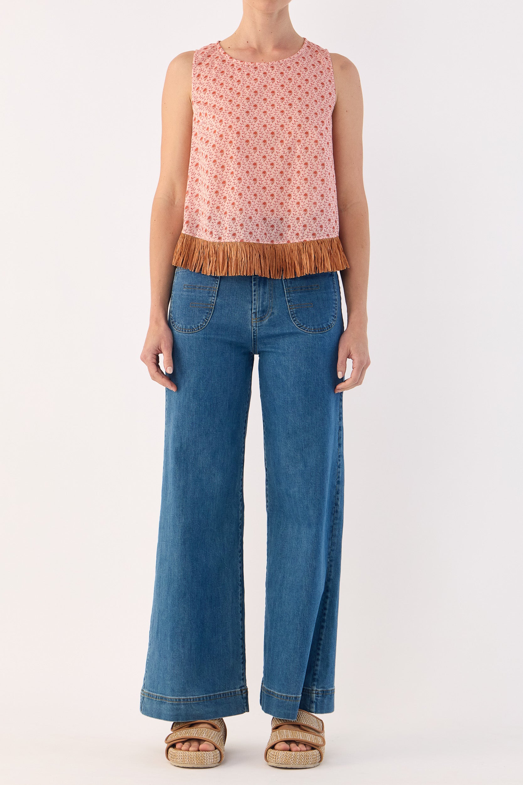 Gerri Printed Cotton Sleeveless Top with Raffia Trim