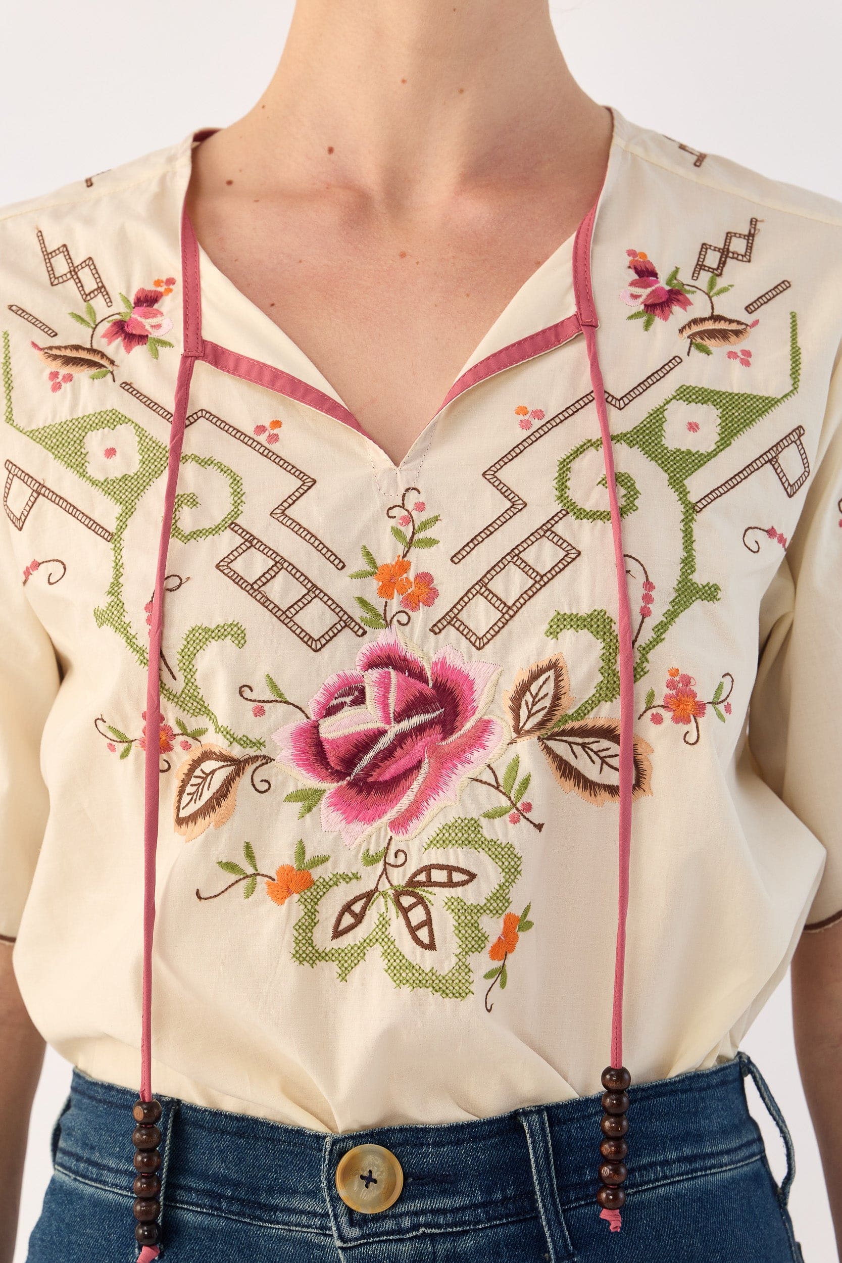 Esther Embroidered Cotton Short Sleeve Top
