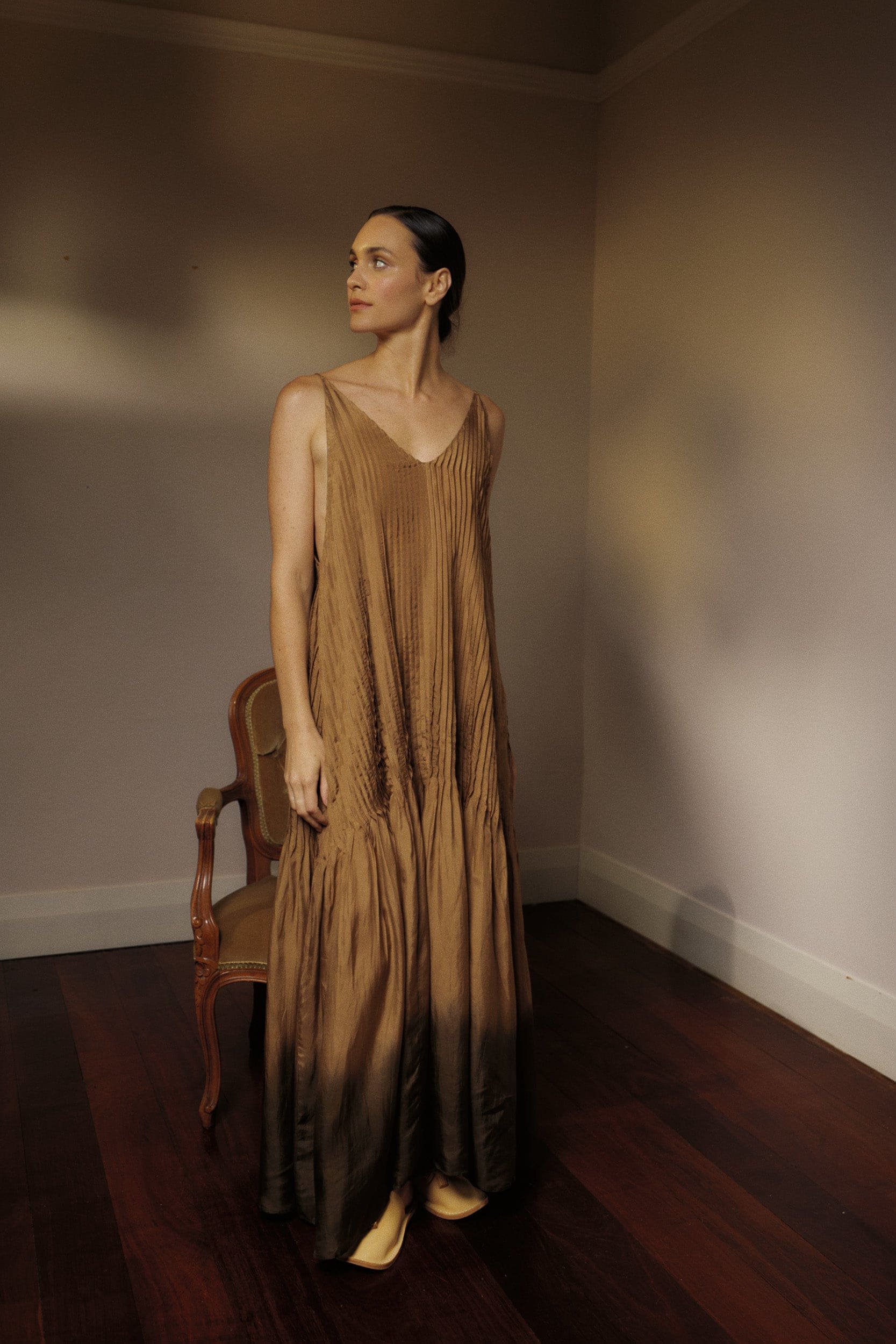 Model wearing mocha dip-dye silk dress, campaign image