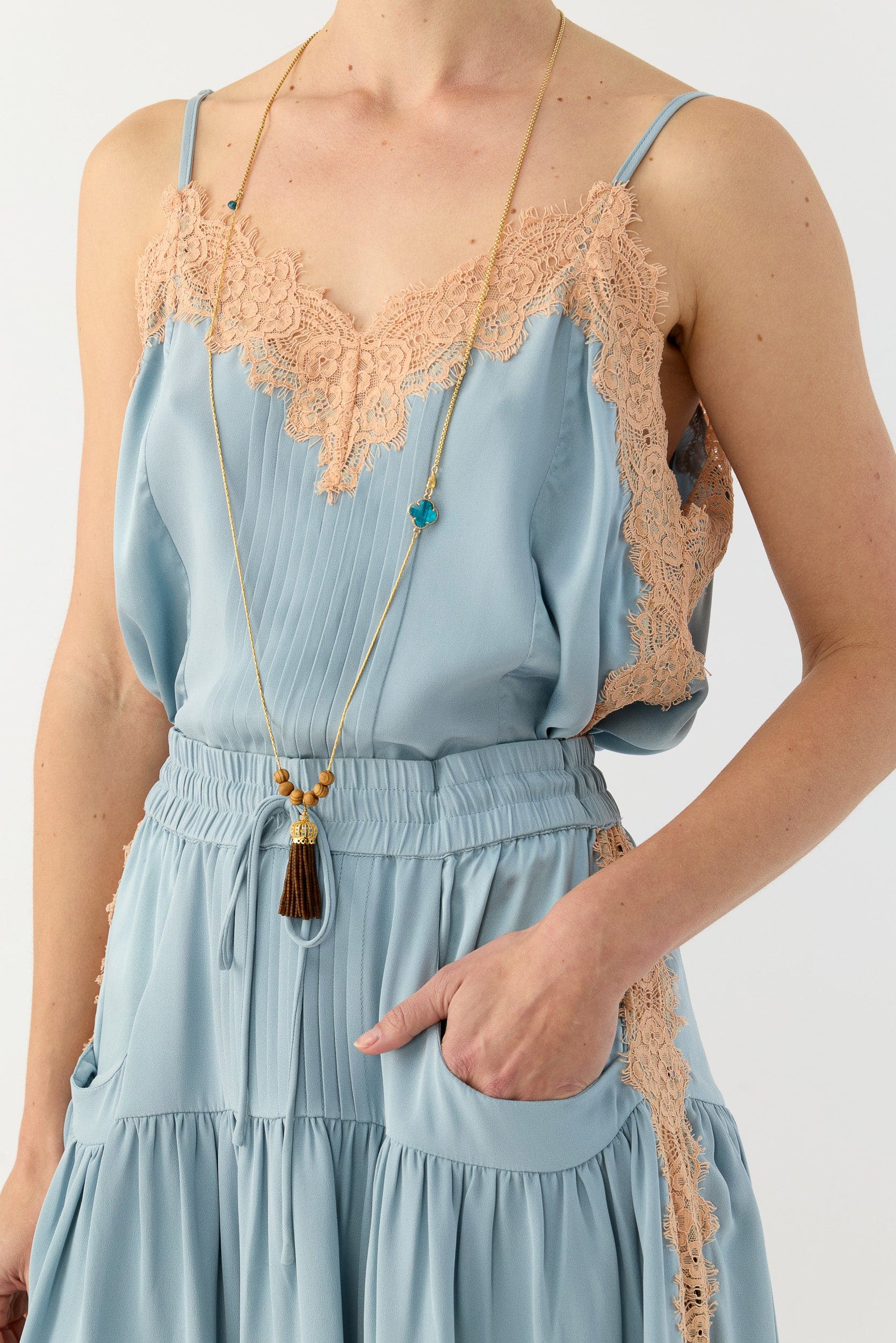 Gabbi Kelly Blue Clover Beaded Tassel Necklace