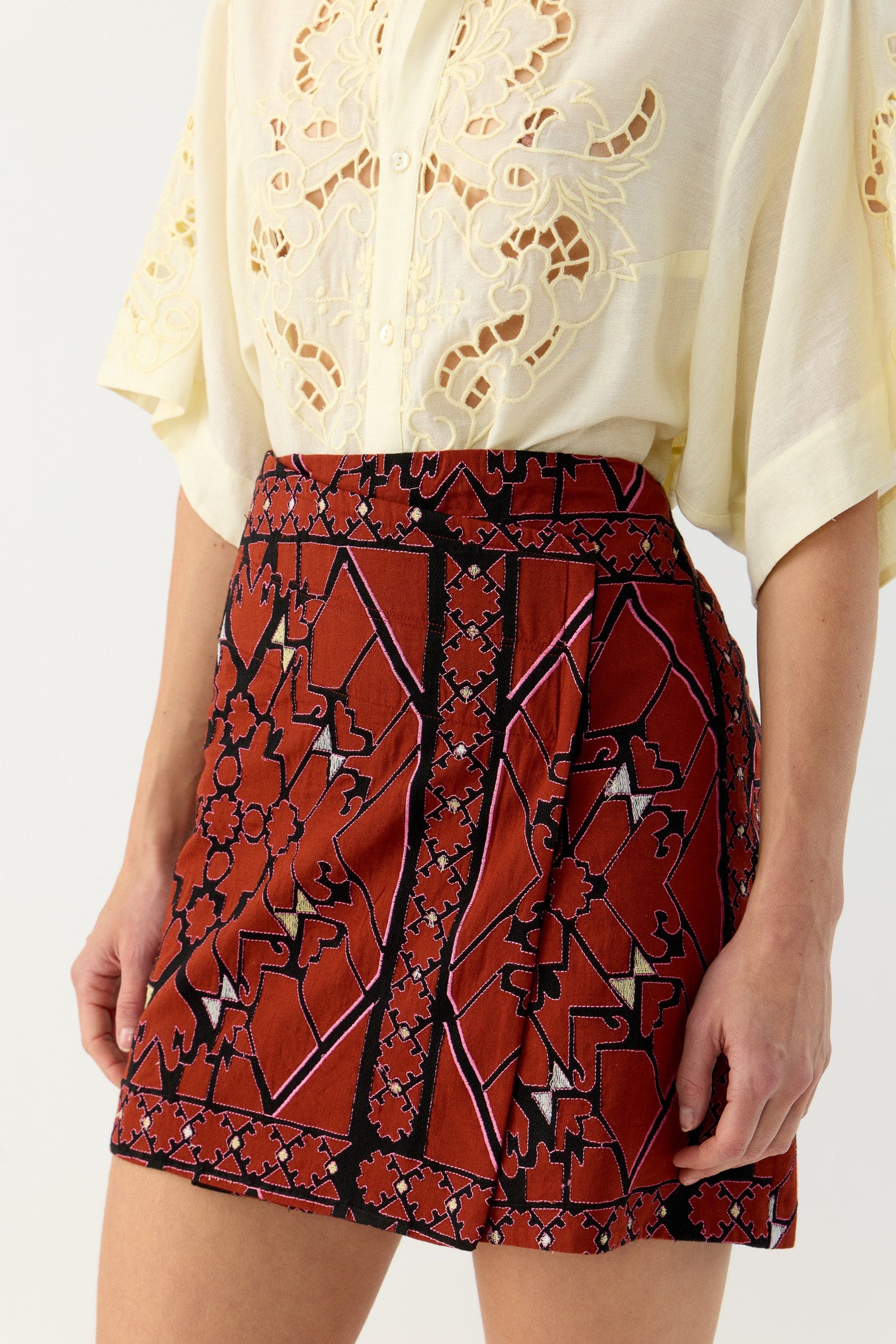 Jericho Embroidered Cotton Mini Wrap Skirt