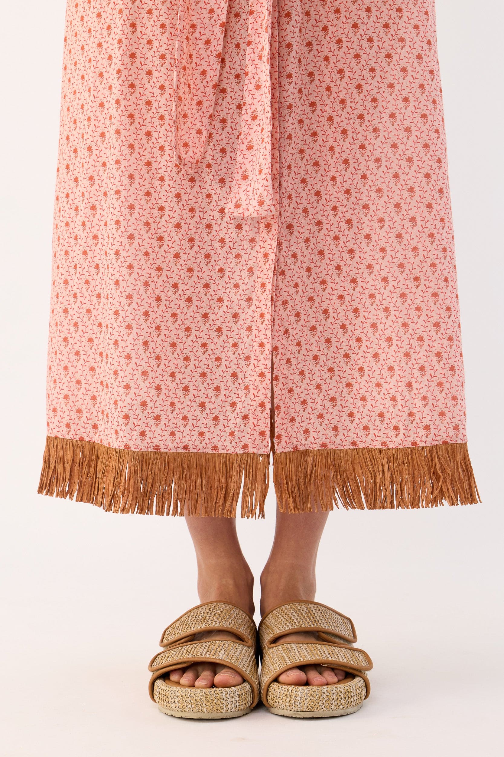 Gerri Printed Cotton Sleeveless Dress with Raffia Trim