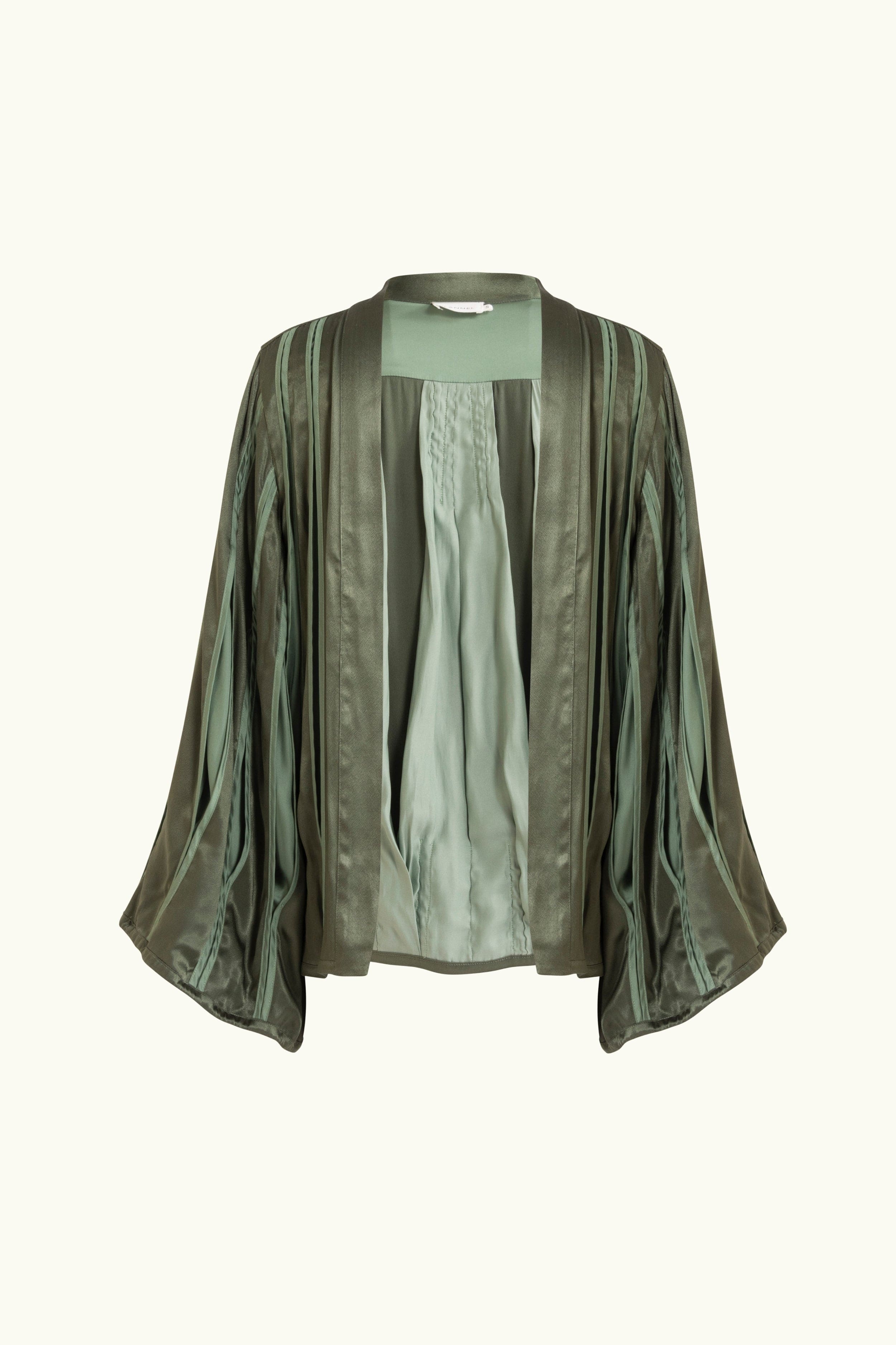 Olive green box pleat jacket on white background