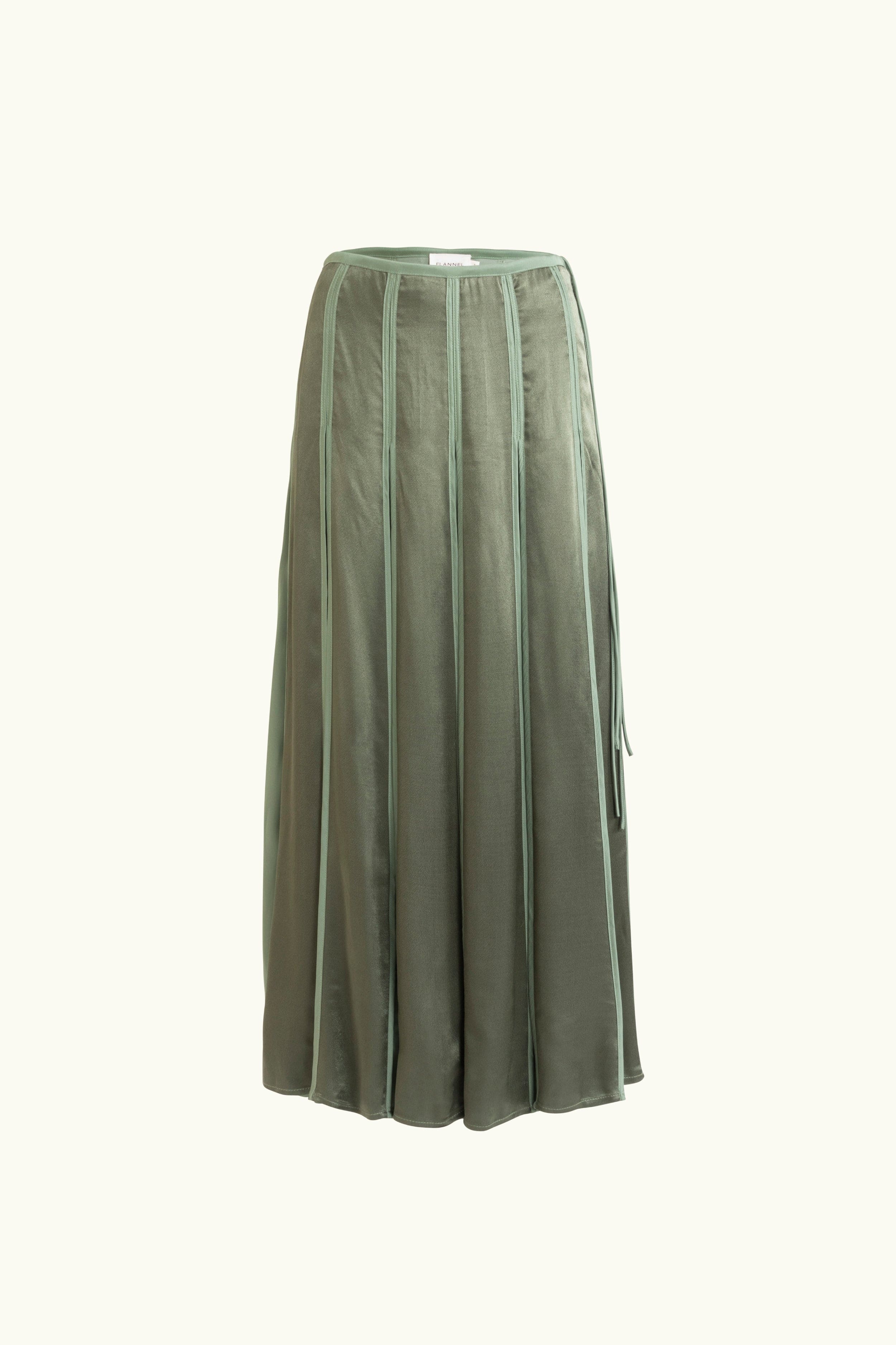 Olive green box pleat skirt on white background
