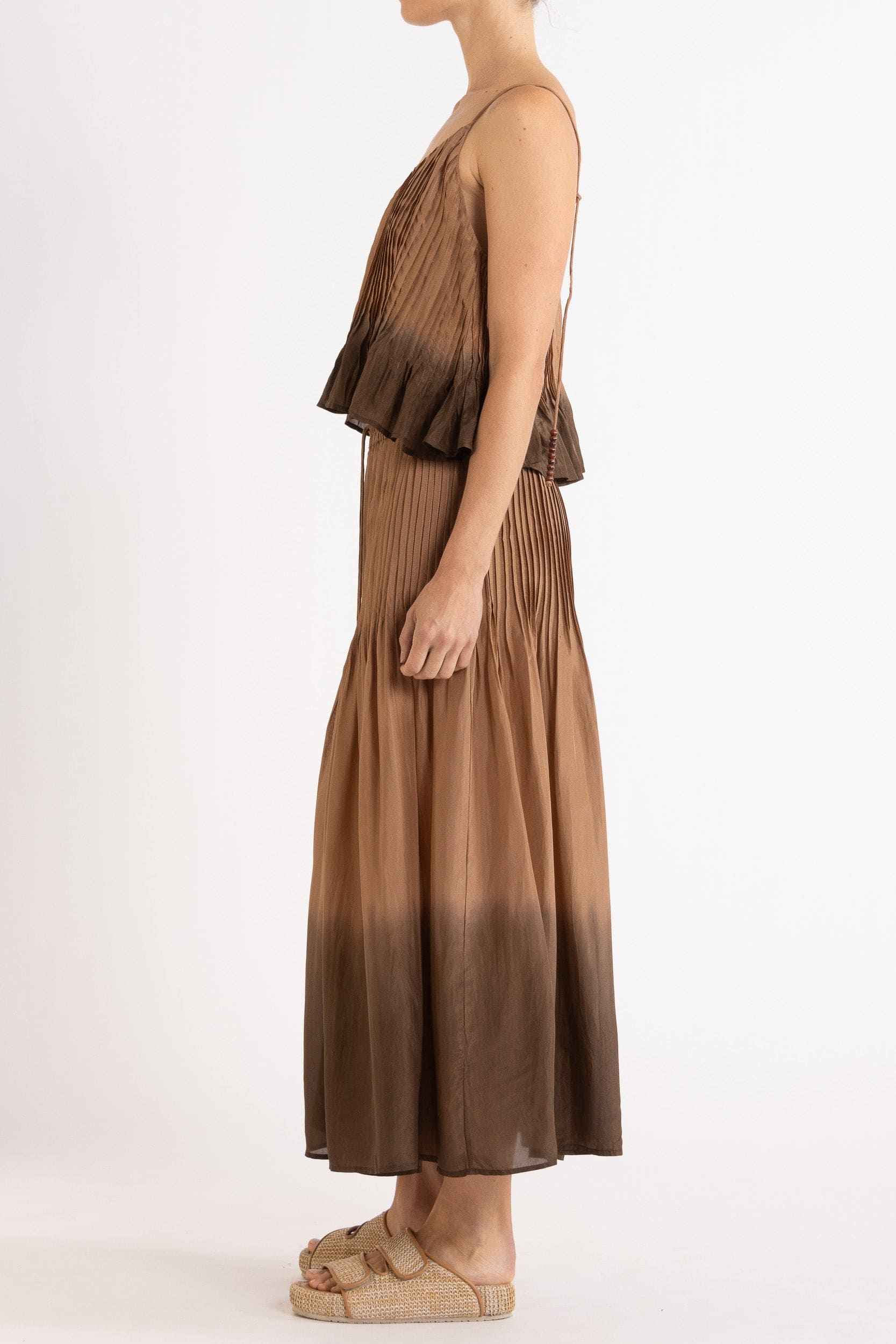 Model wearing mocha dip-dye silk cami & skirt, side view