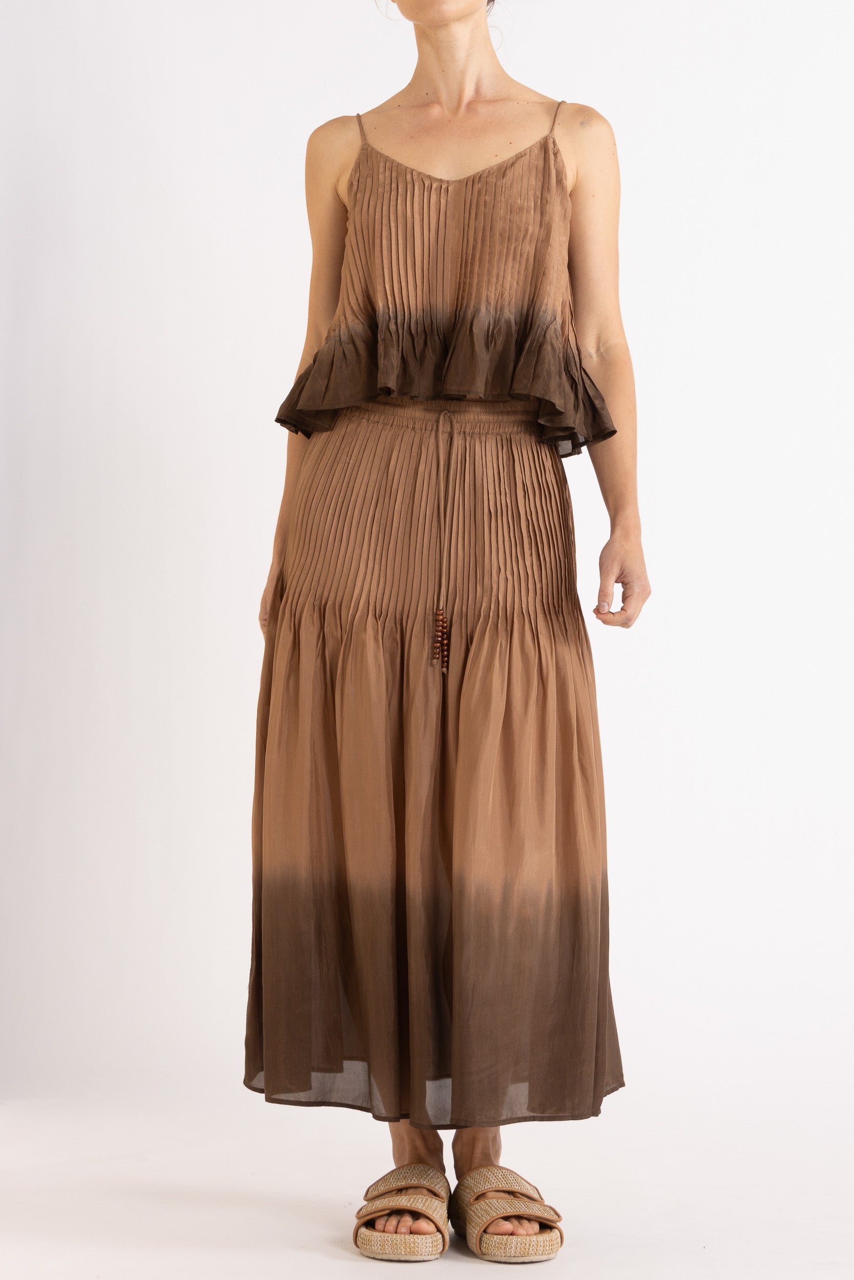 Model wearing mocha dip-dye silk cami & skirt, front view