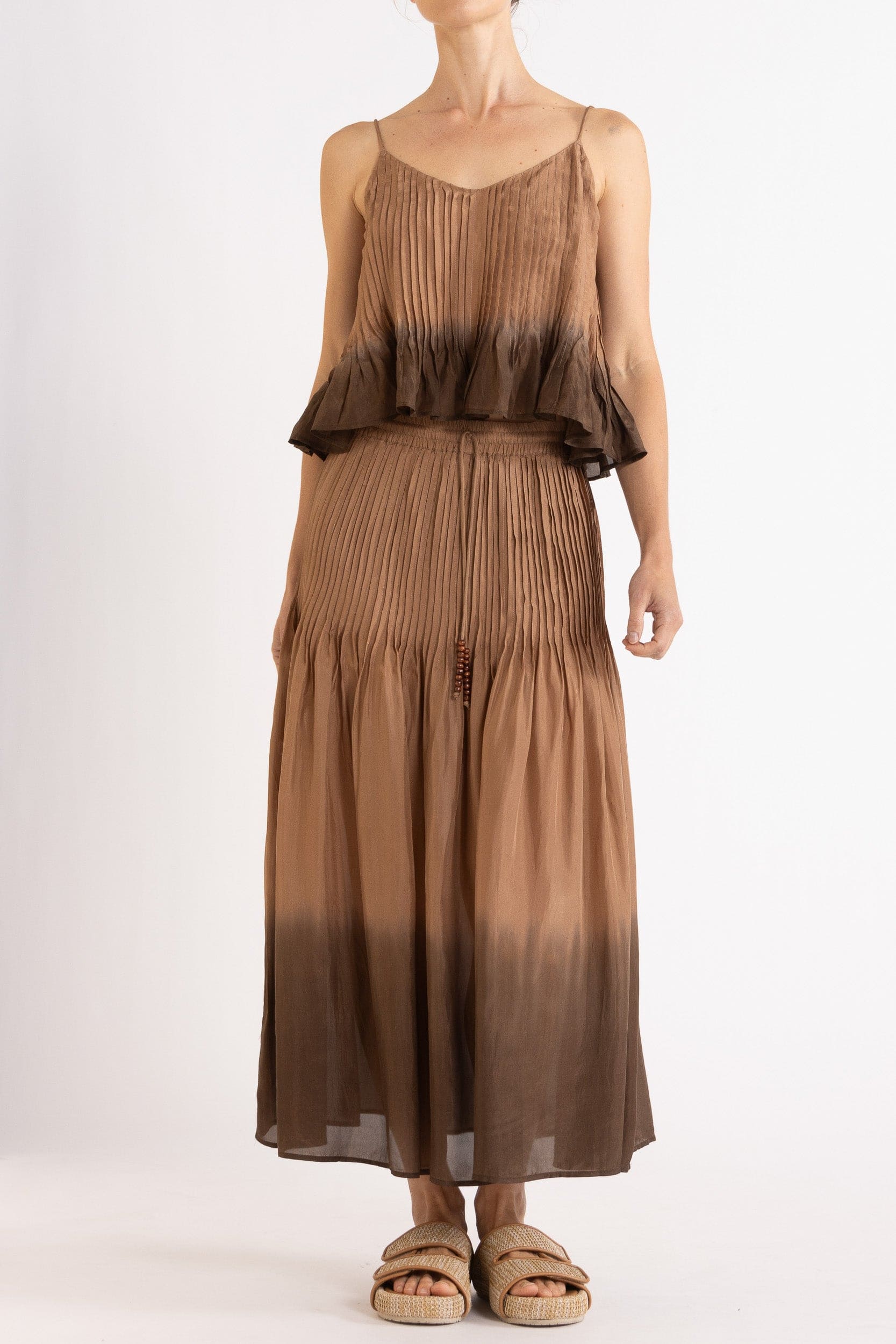 Model wearing mocha dip-dye silk cami & skirt, front view