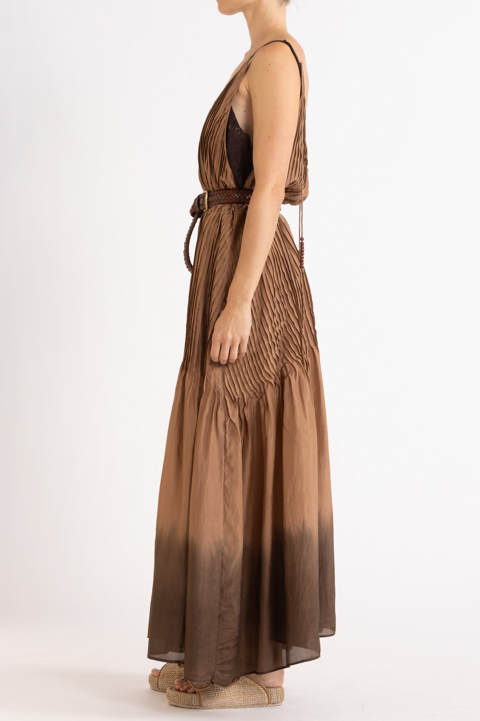 Model wearing mocha dip-dye silk cami dress & brown plaited leather belt, side view