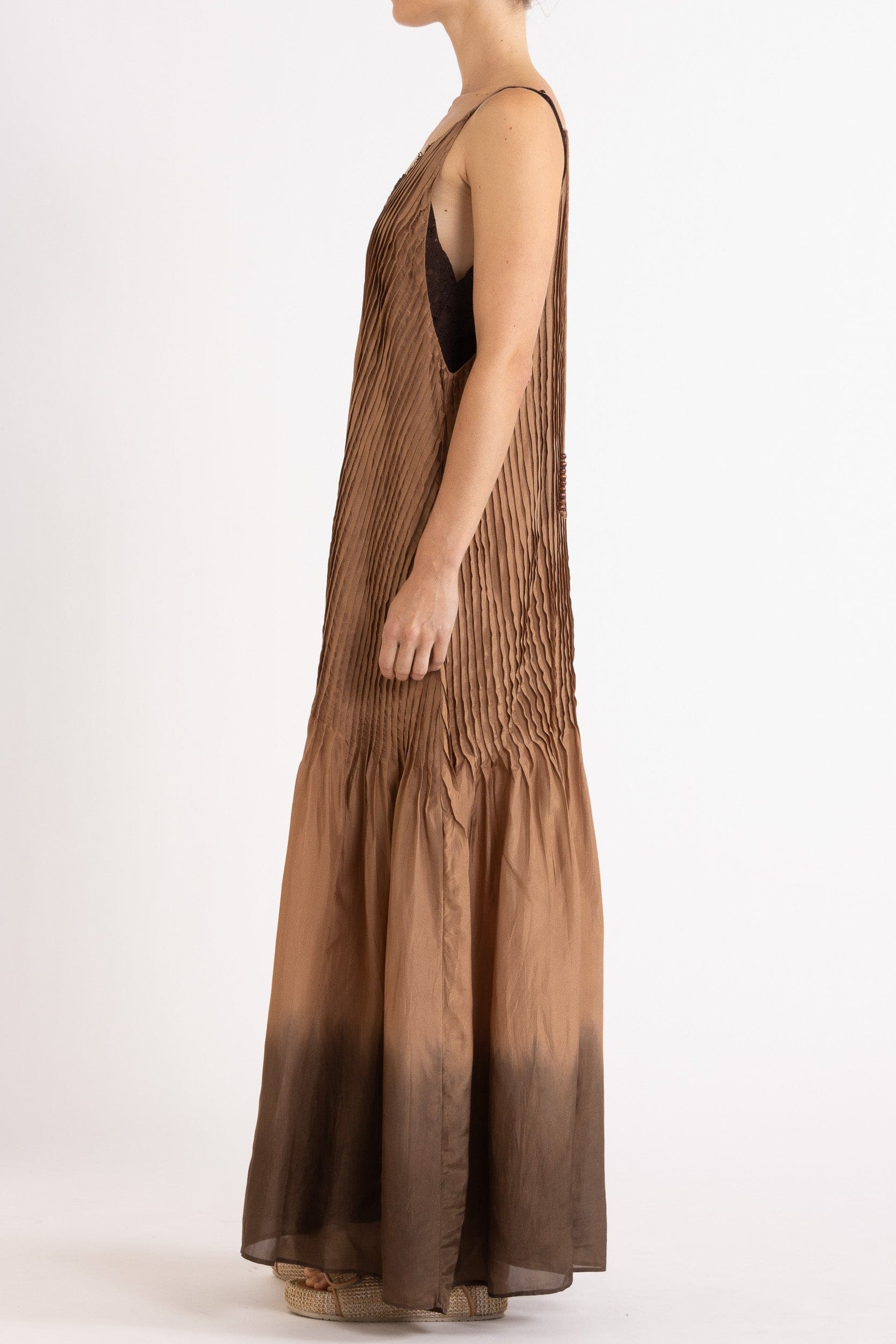 Model wearing mocha dip-dye silk cami dress, side view