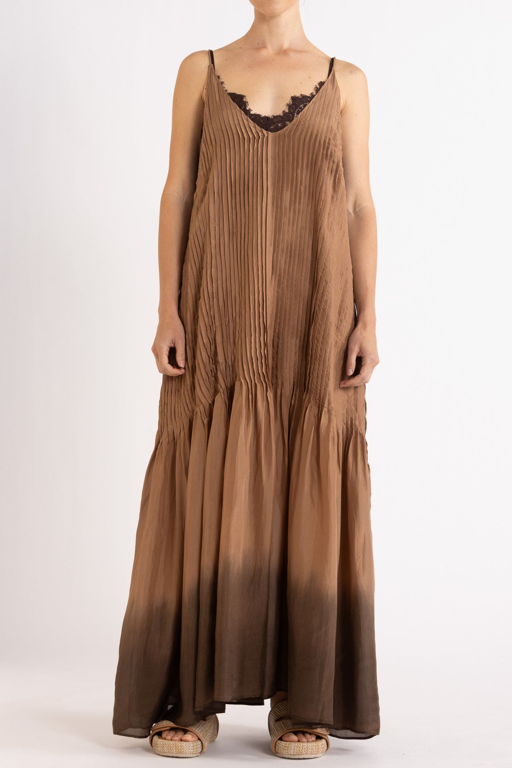 Model wearing mocha dip-dye silk cami dress, front view