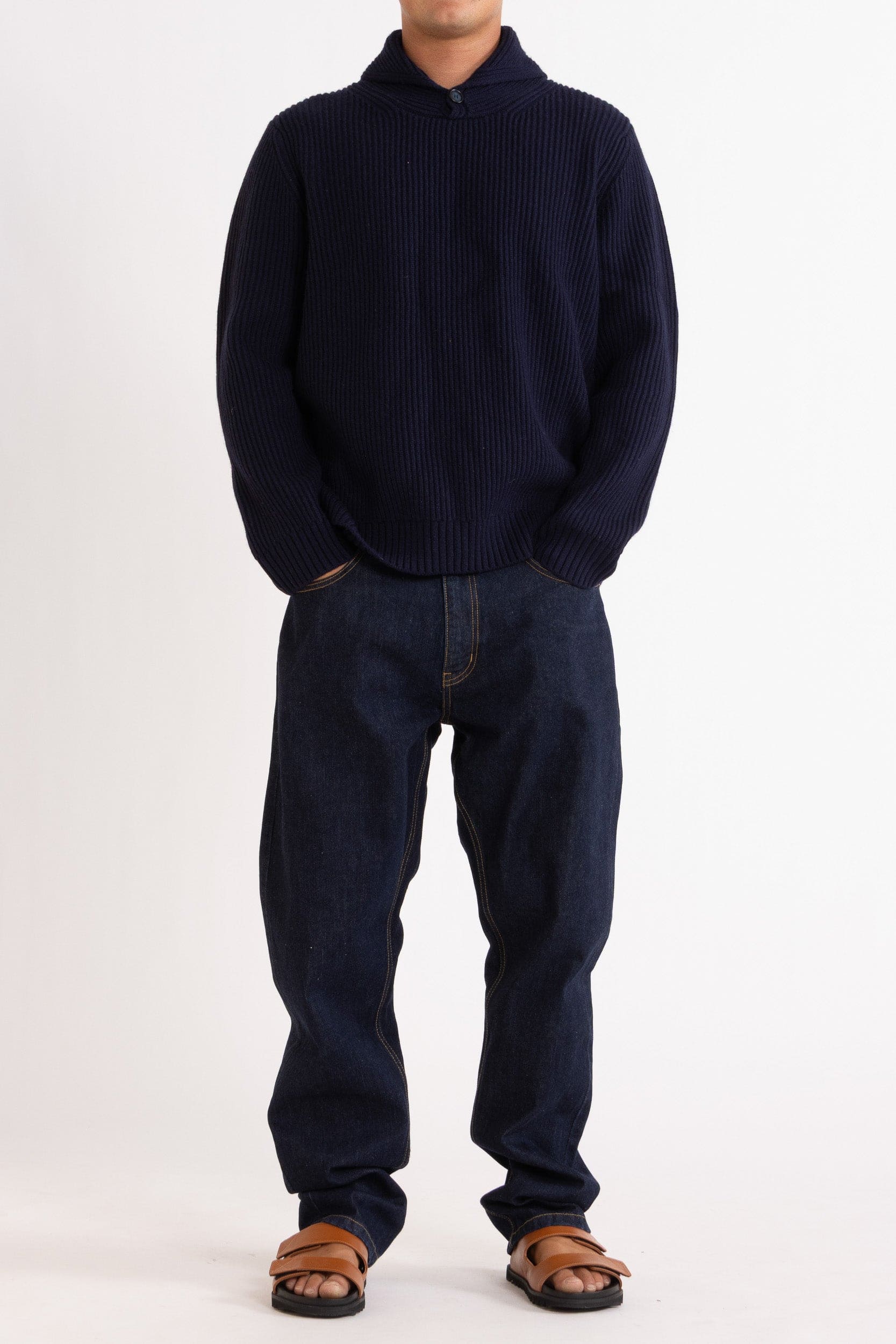 Marcus Wool-Cashmere Shawl Crew Sweater