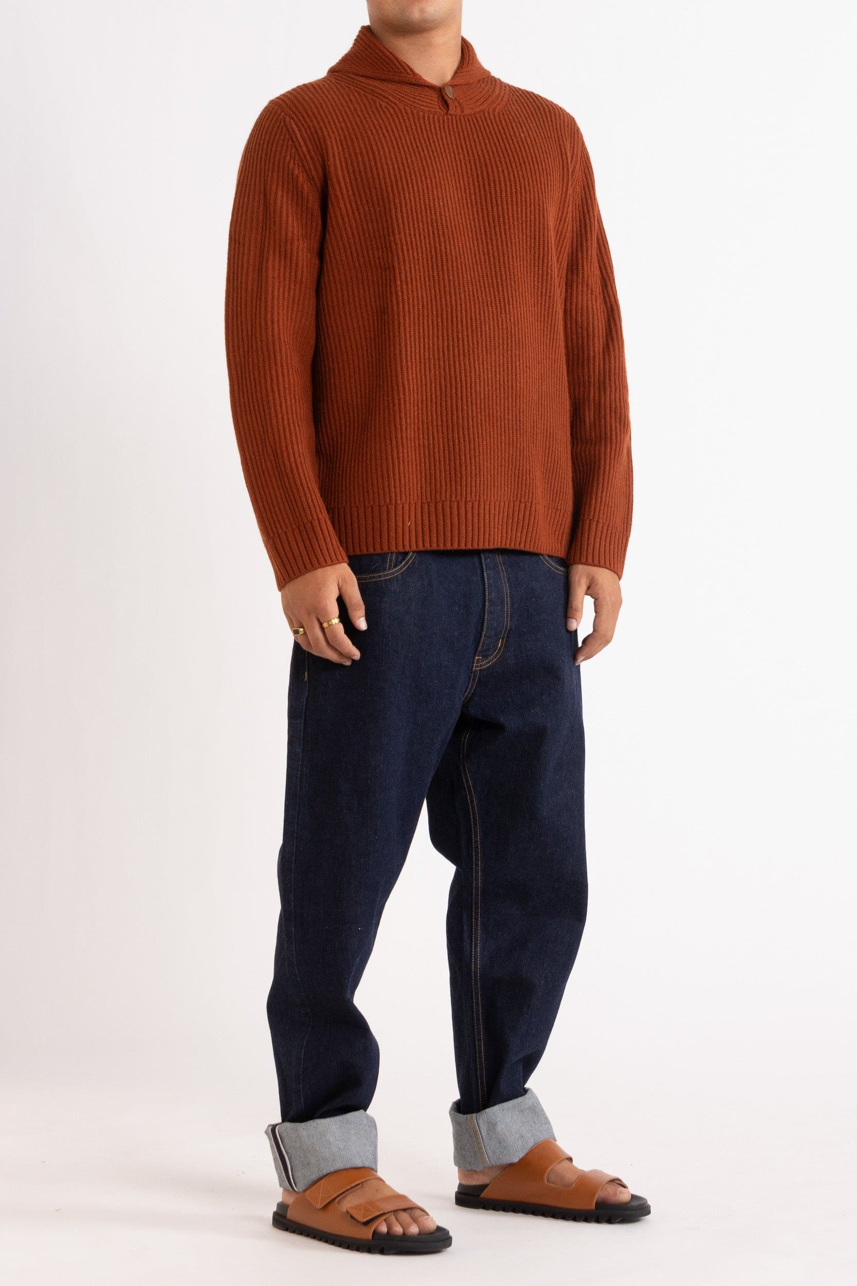 Marcus Wool-Cashmere Shawl Crew Sweater