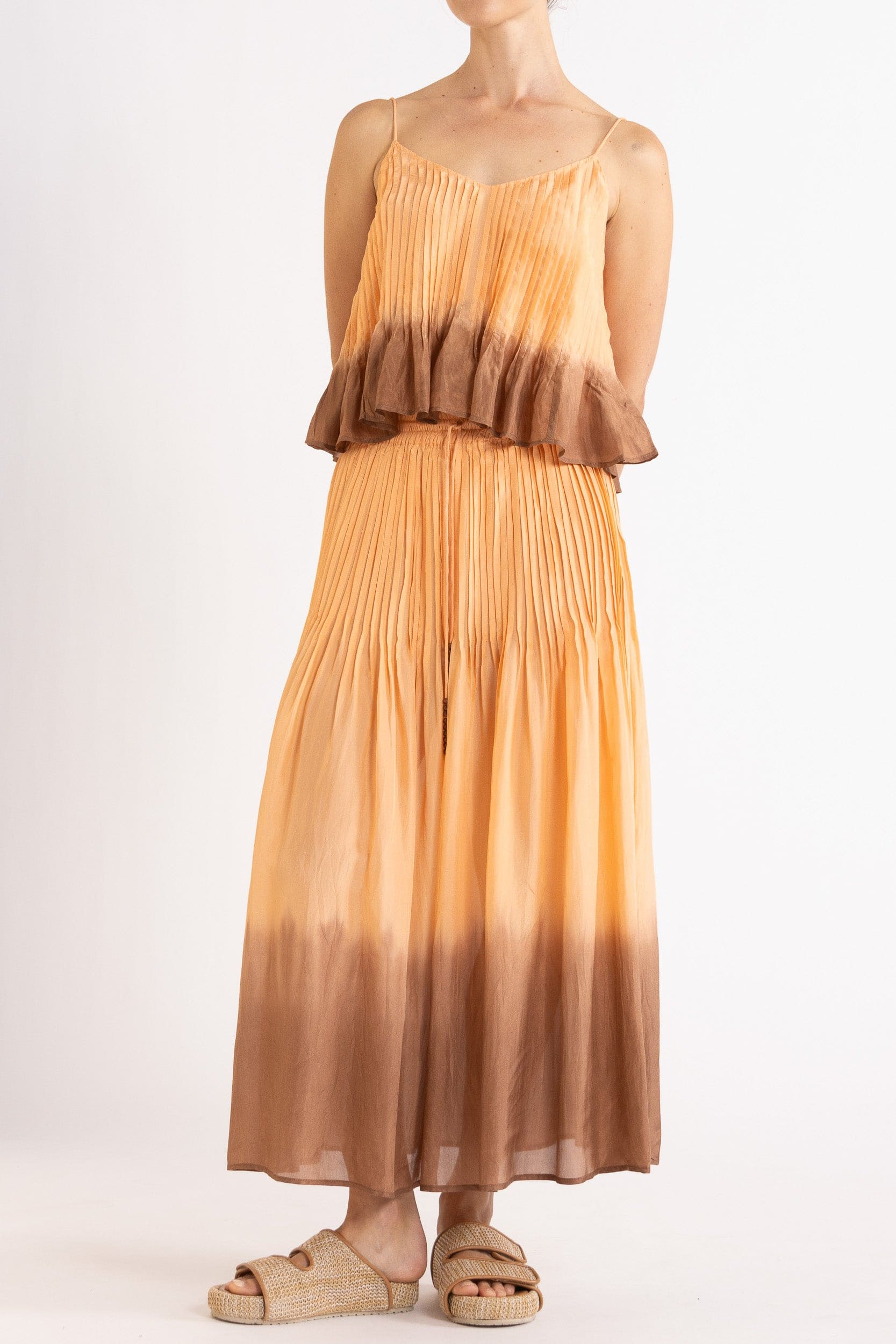 Model wearing peach dip-dye silk cami & skirt, front view