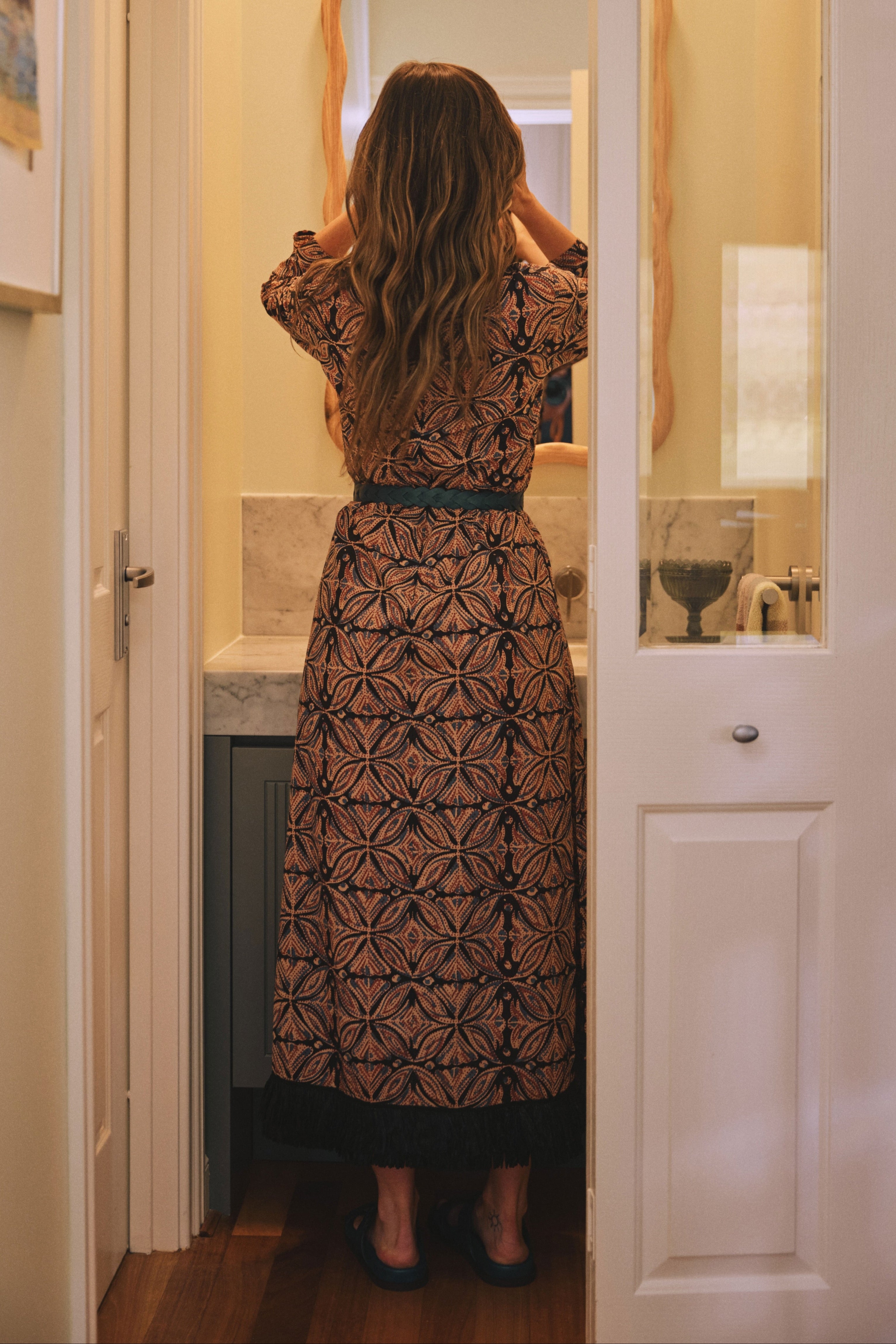 Saskia Printed Cotton Dress with Raffia Trim