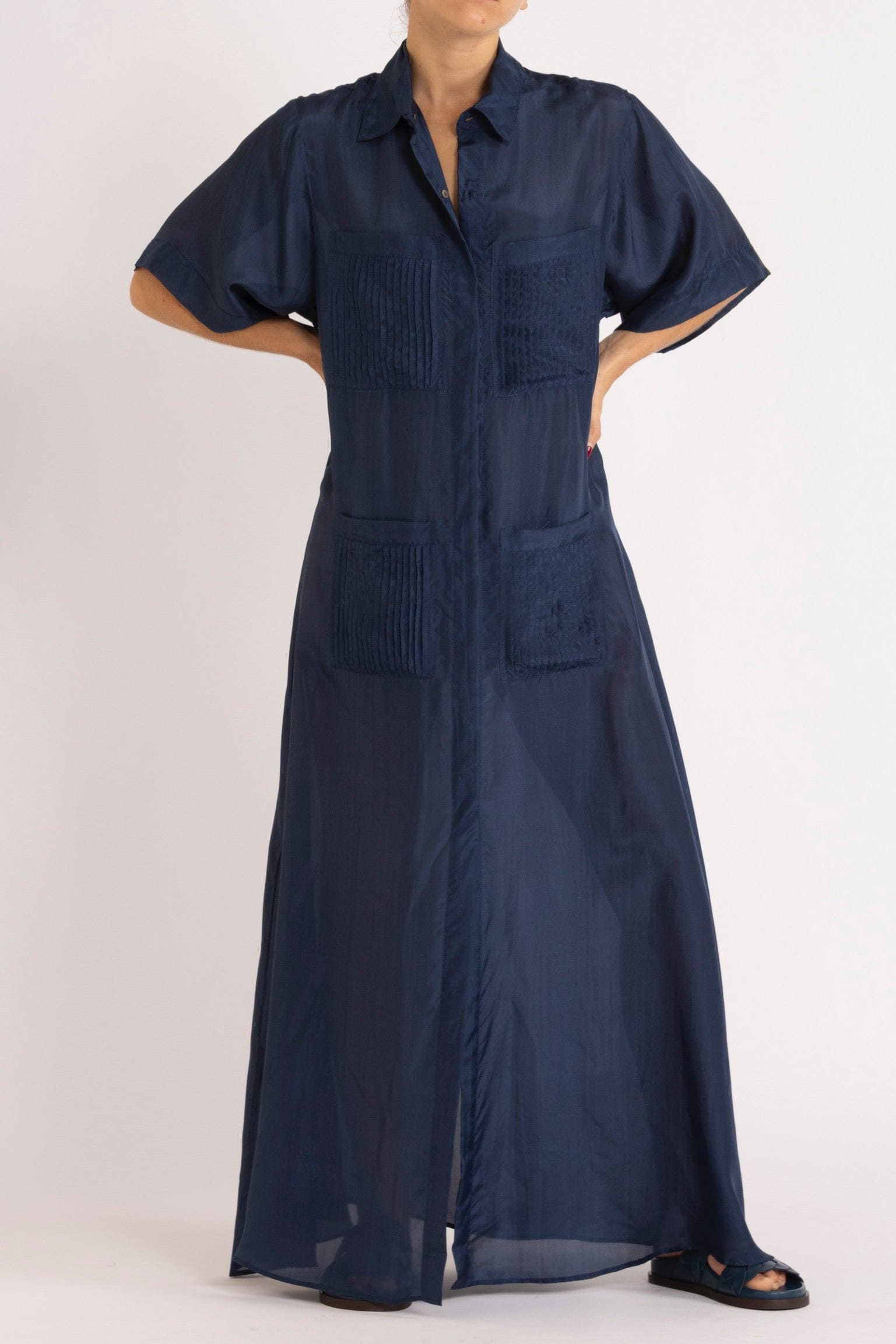 Eliza Navy Silk Habotai Shirt Dress