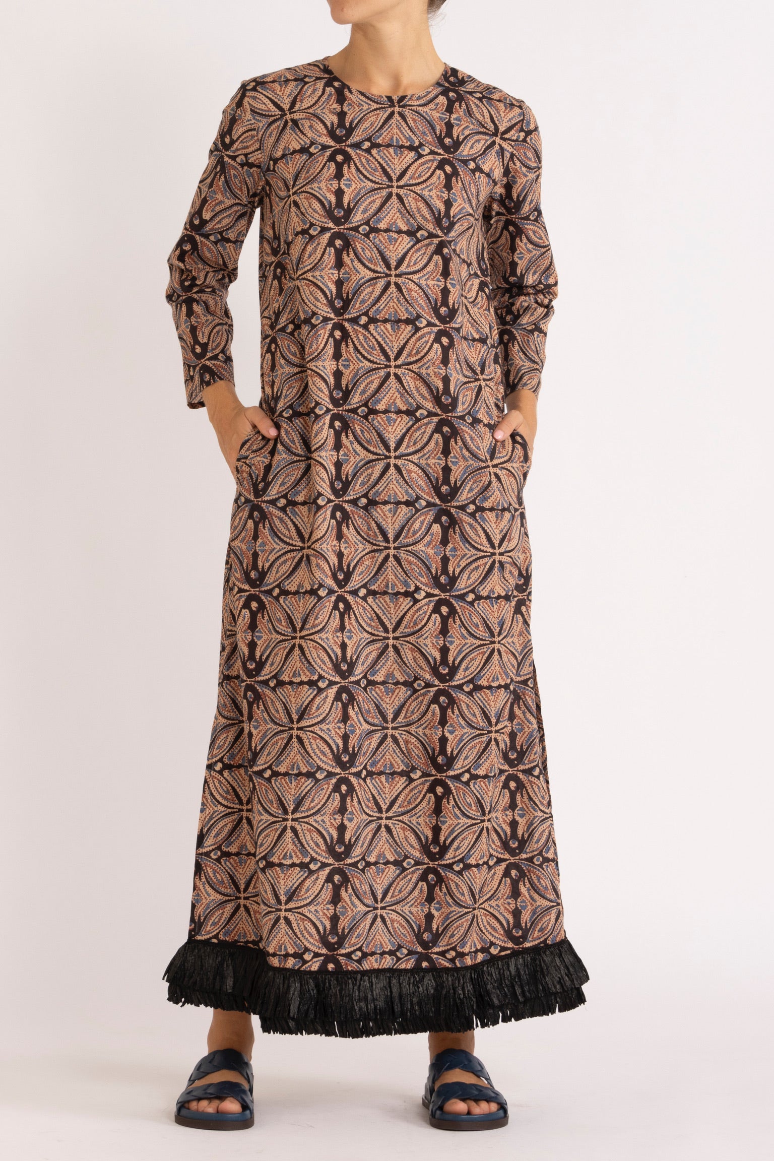 Saskia Printed Cotton Dress with Raffia Trim