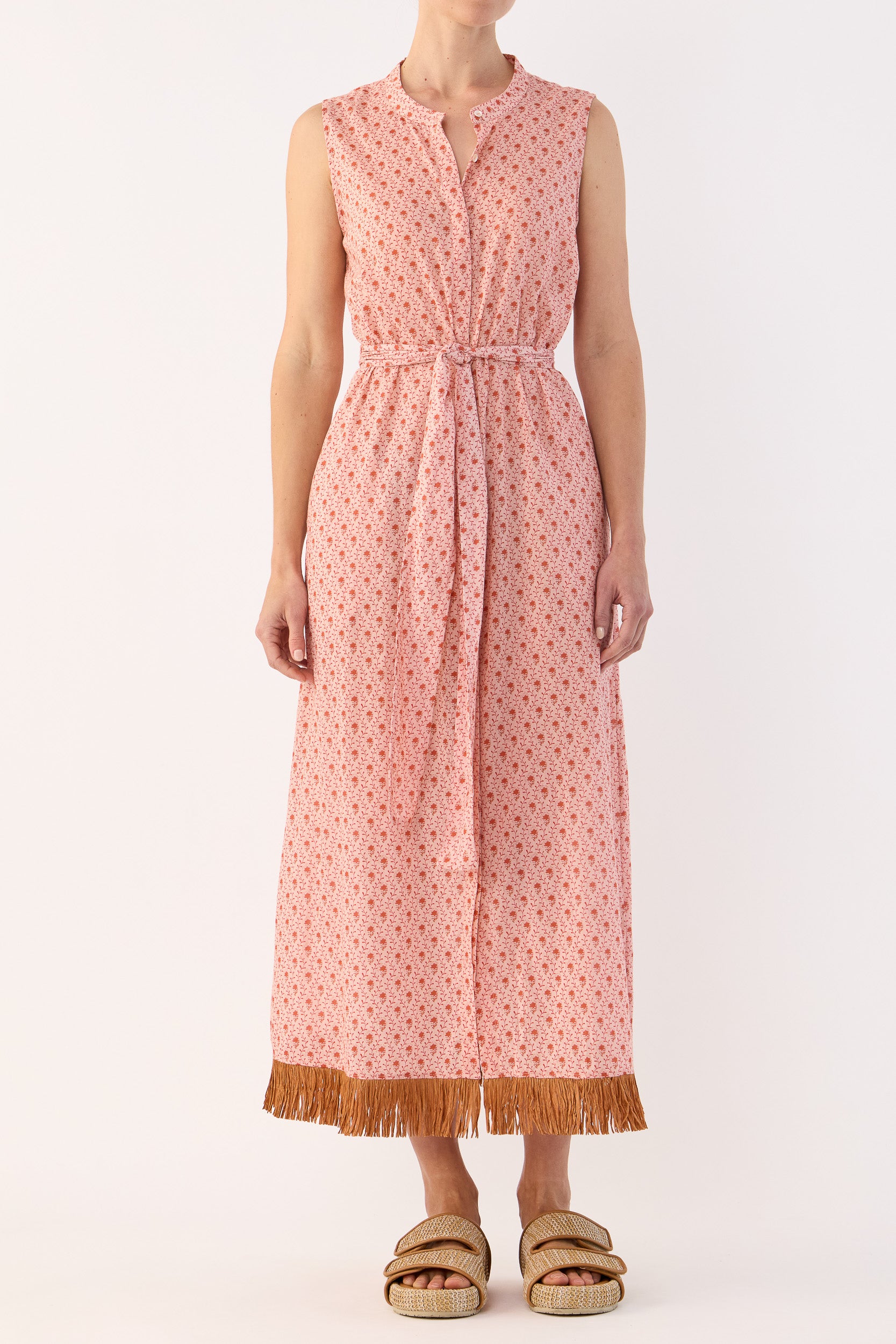 Gerri Printed Cotton Sleeveless Dress with Raffia Trim