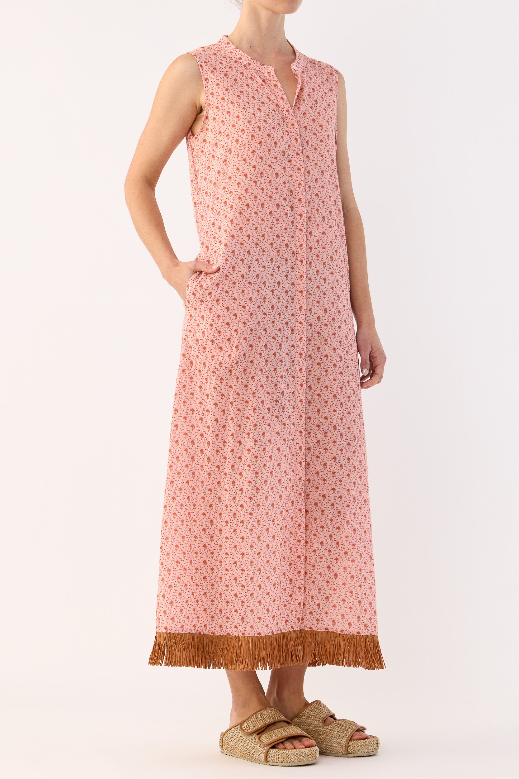Gerri Printed Cotton Sleeveless Dress with Raffia Trim