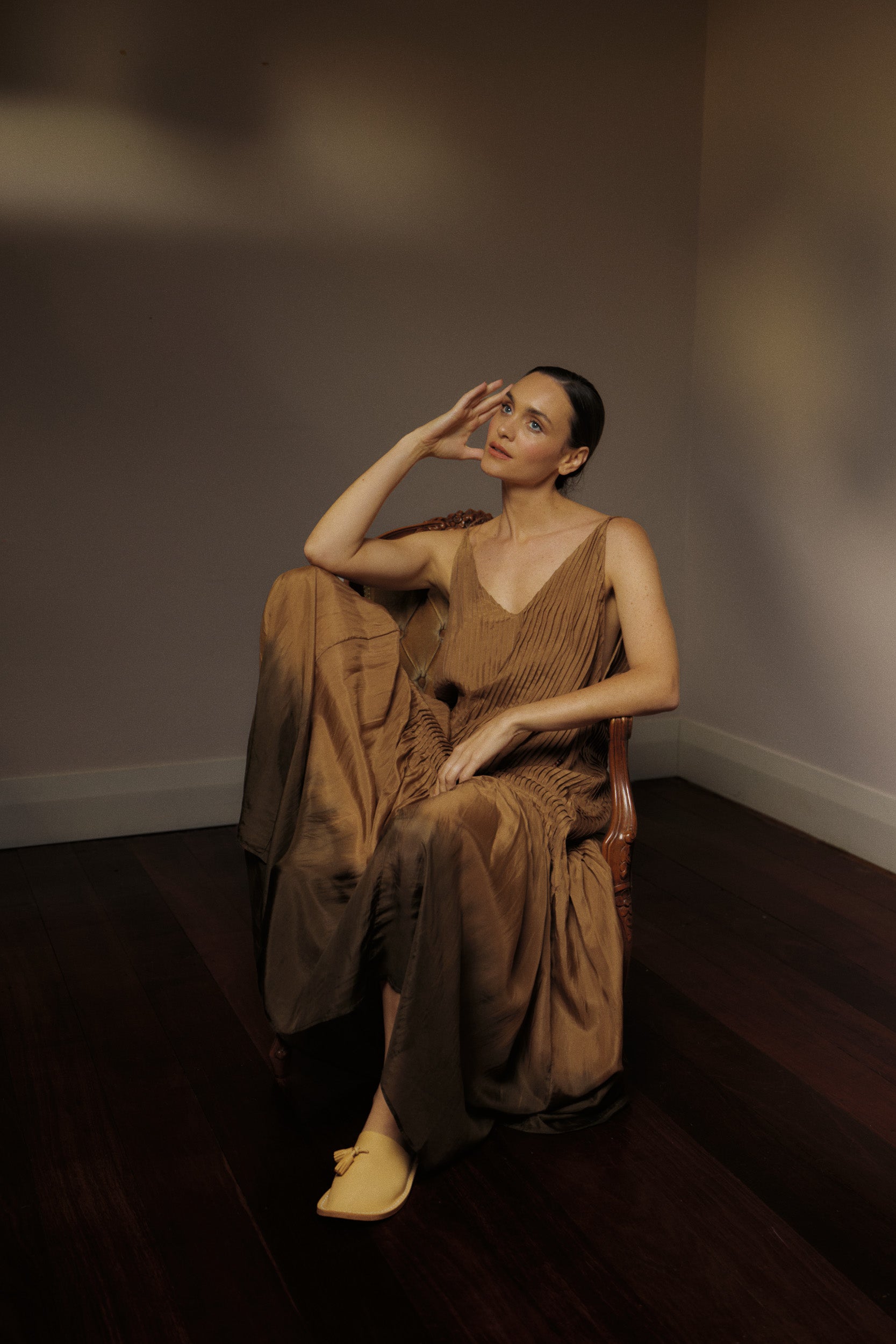 Model wearing mocha dip-dye silk dress, campaign image