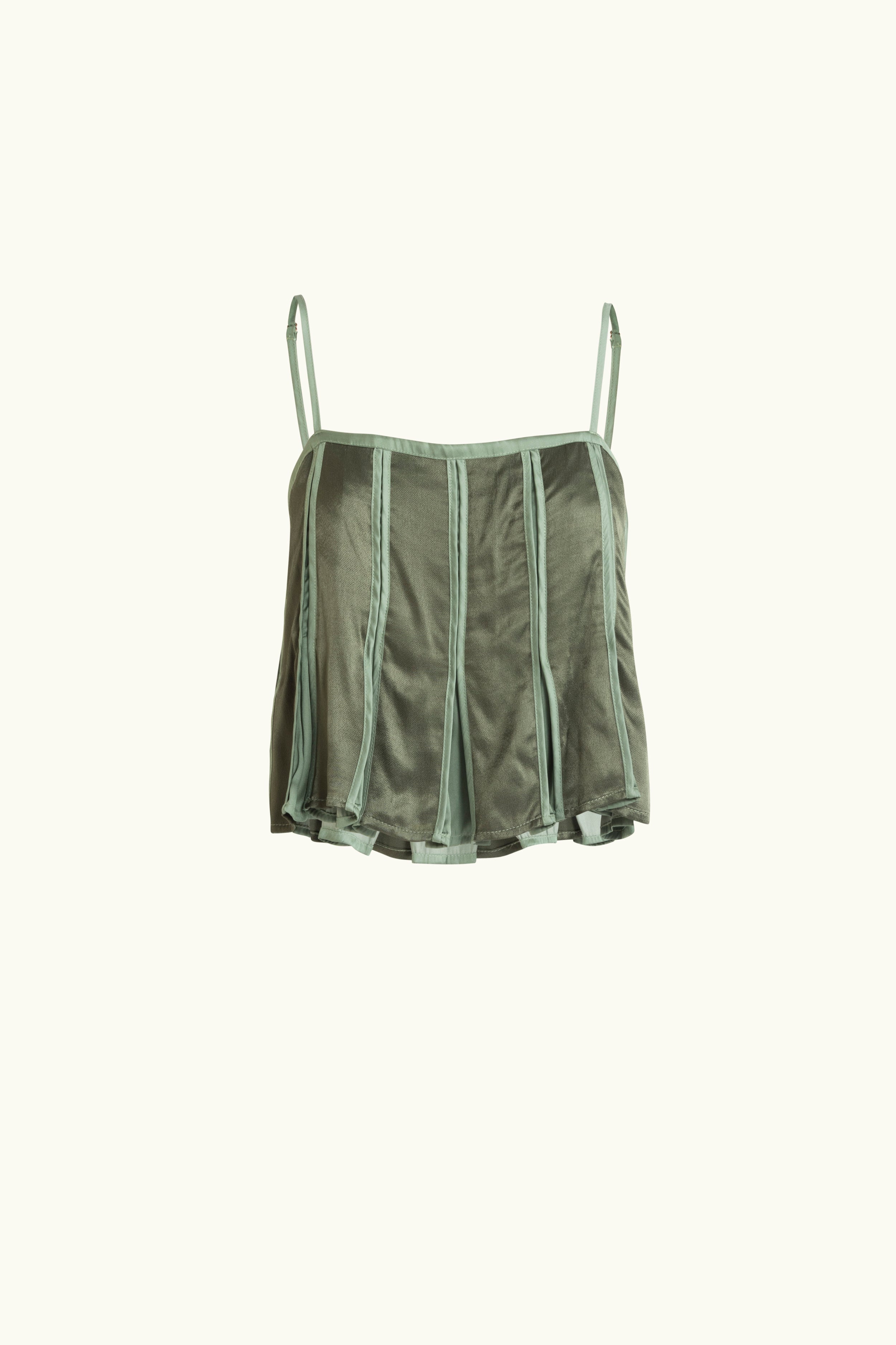 Olive green box pleat camisole on white background