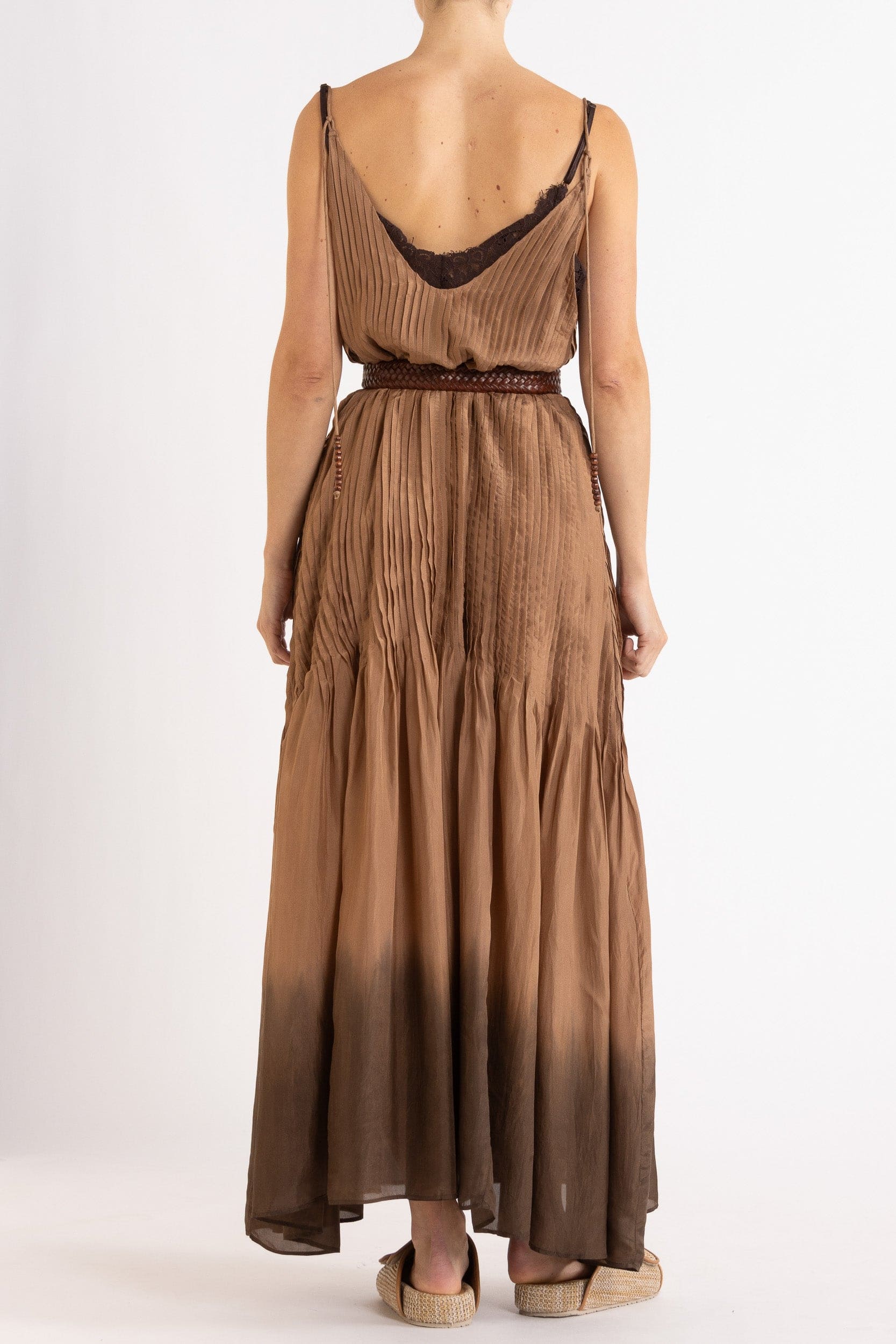 Model wearing mocha dip-dye silk cami dress & brown plaited leather belt, back view