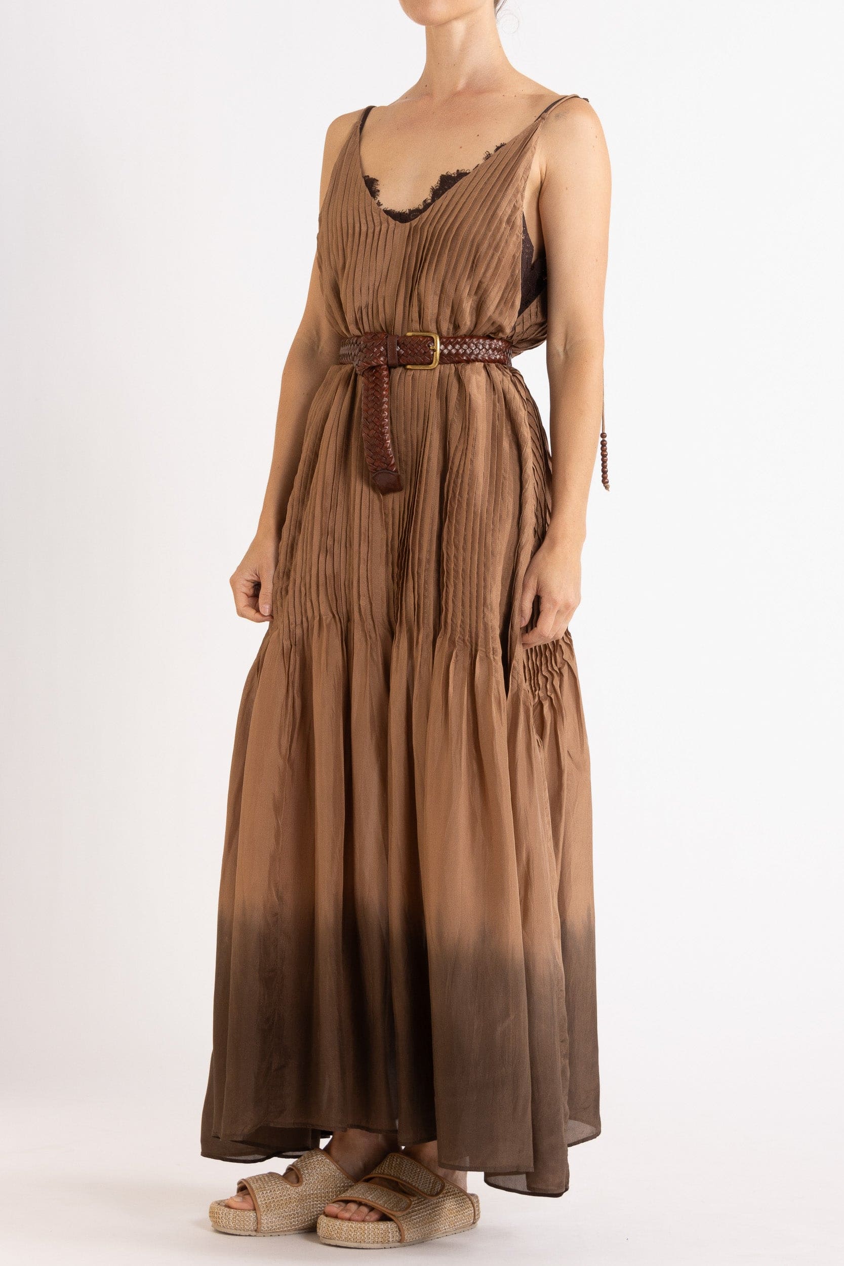 Model wearing mocha dip-dye silk cami dress & brown plaited leather belt, front-side view
