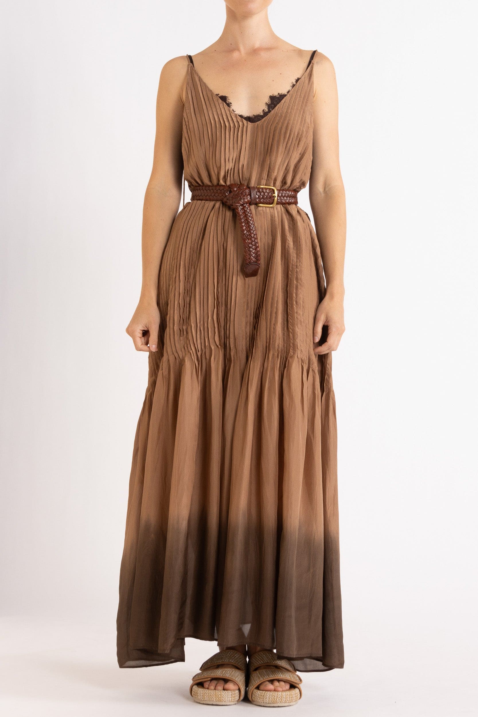 Model wearing mocha dip-dye silk cami dress & brown plaited leather belt, front view