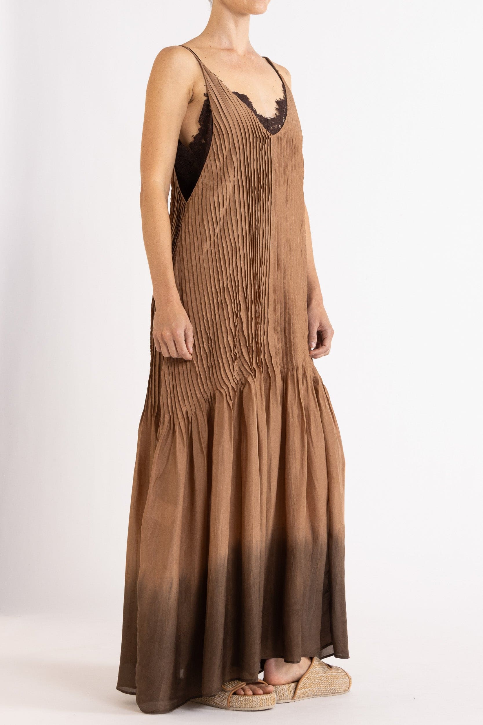 Model wearing mocha dip-dye silk cami dress, front-side view