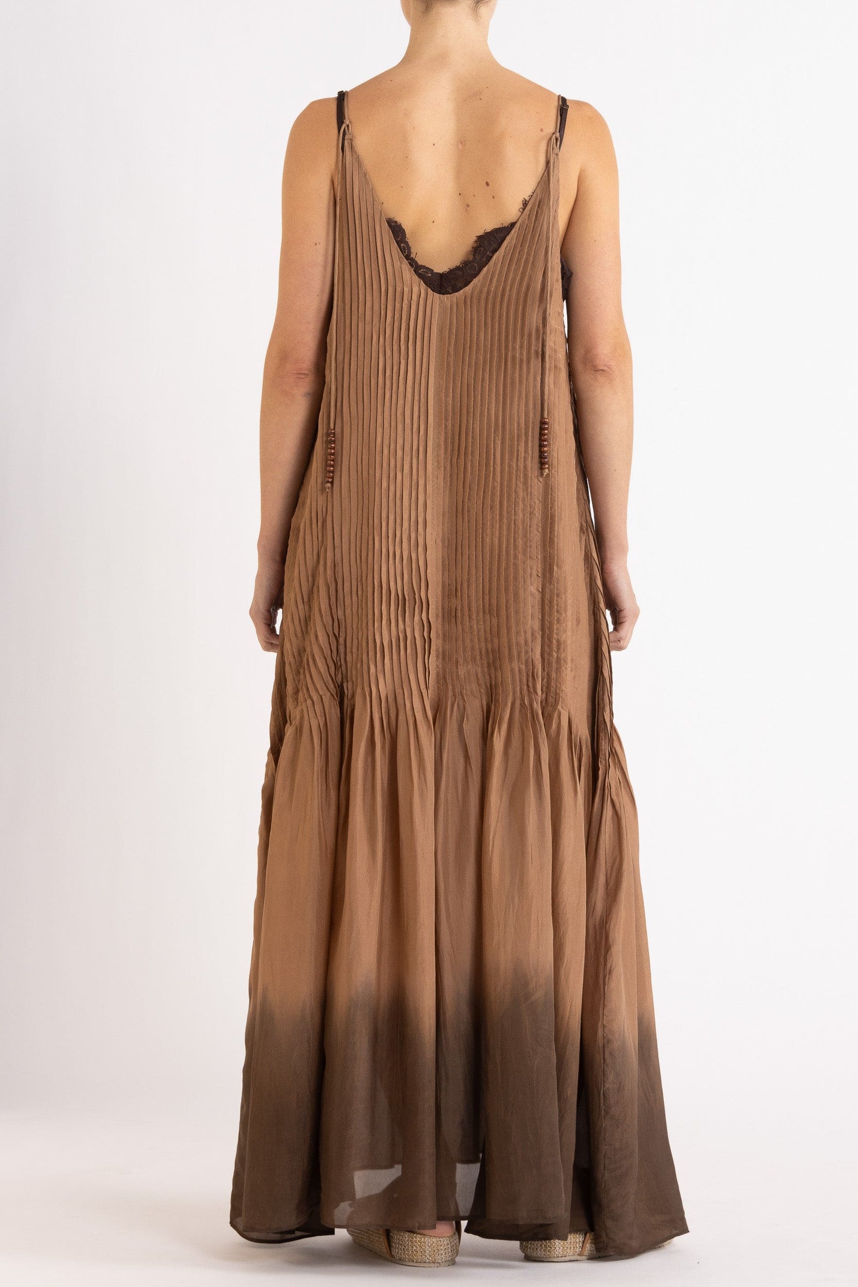 Model wearing mocha dip-dye silk cami dress, back view
