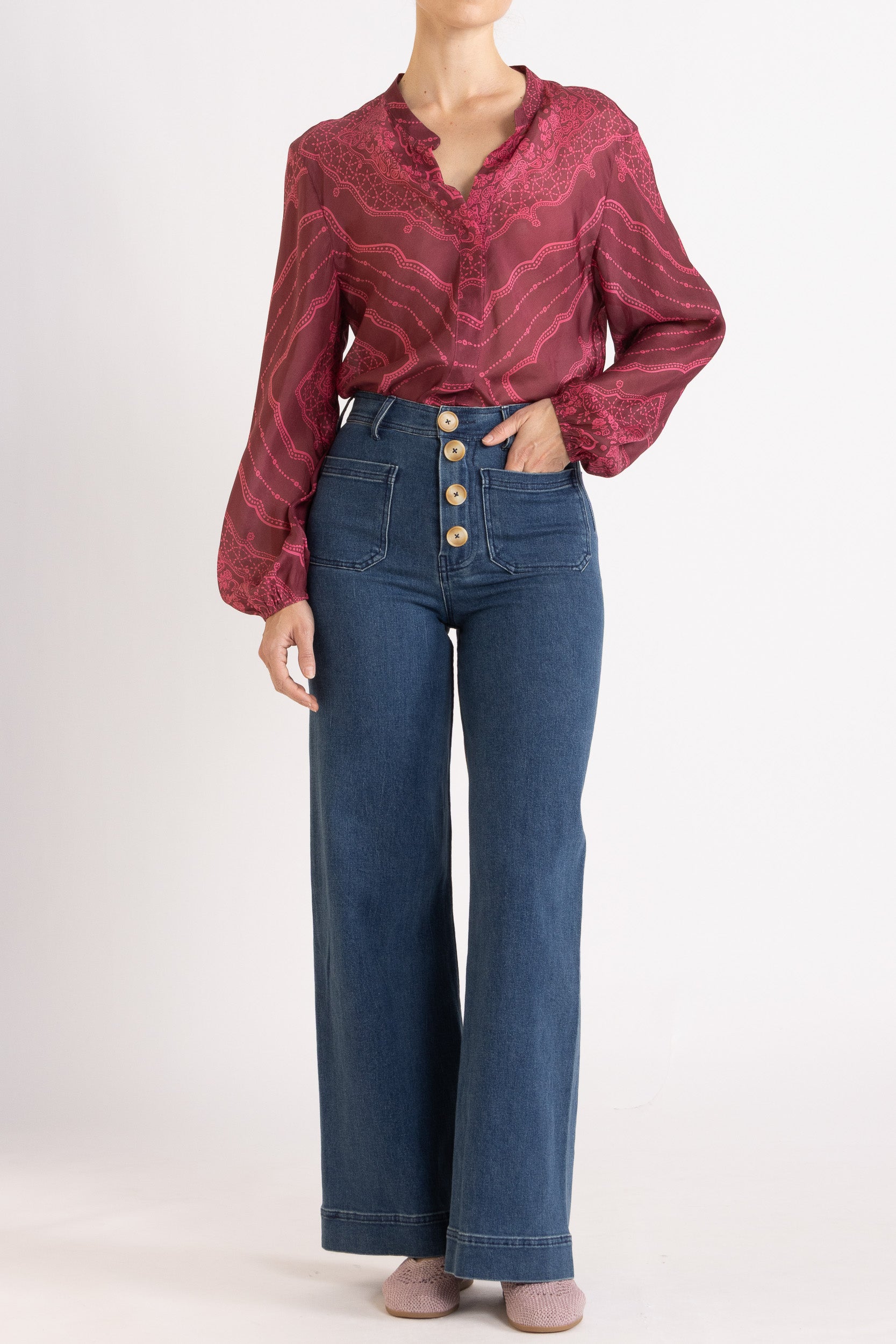 Renee Printed Silk Long Sleeve Top