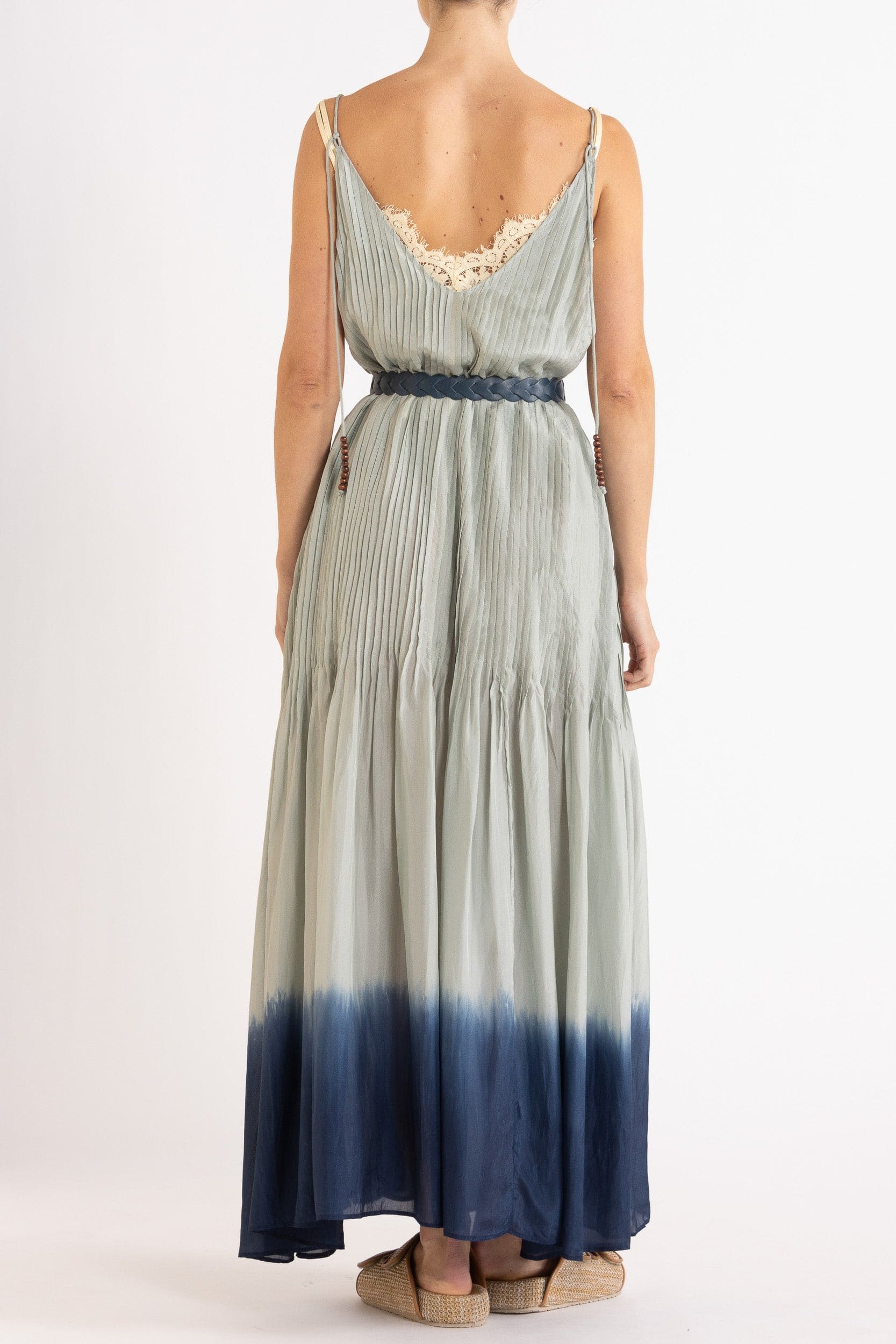 Model wearing sky blue dip-dye silk cami dress & belt, back view