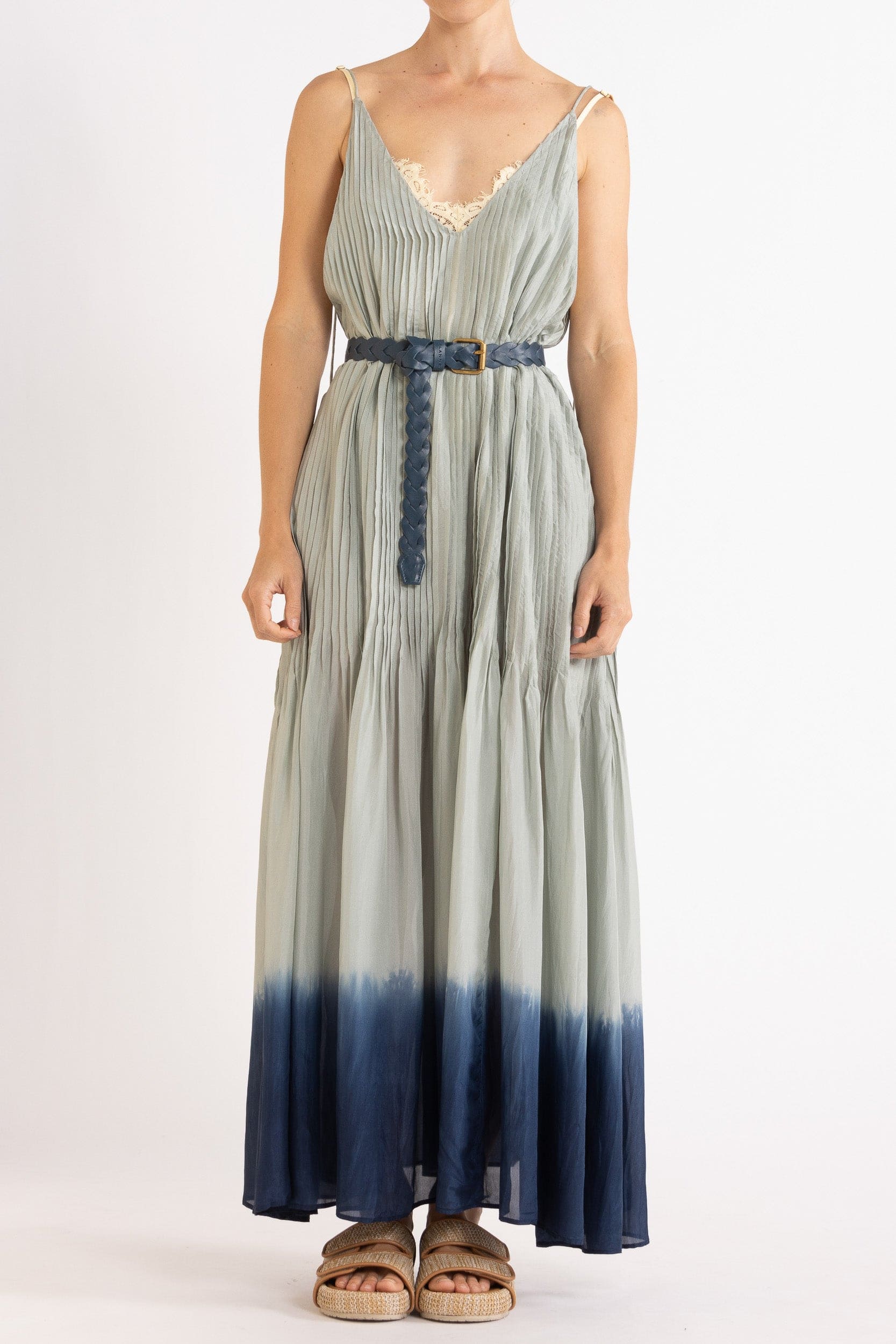 Model wearing sky blue dip-dye silk cami dress & belt, front view
